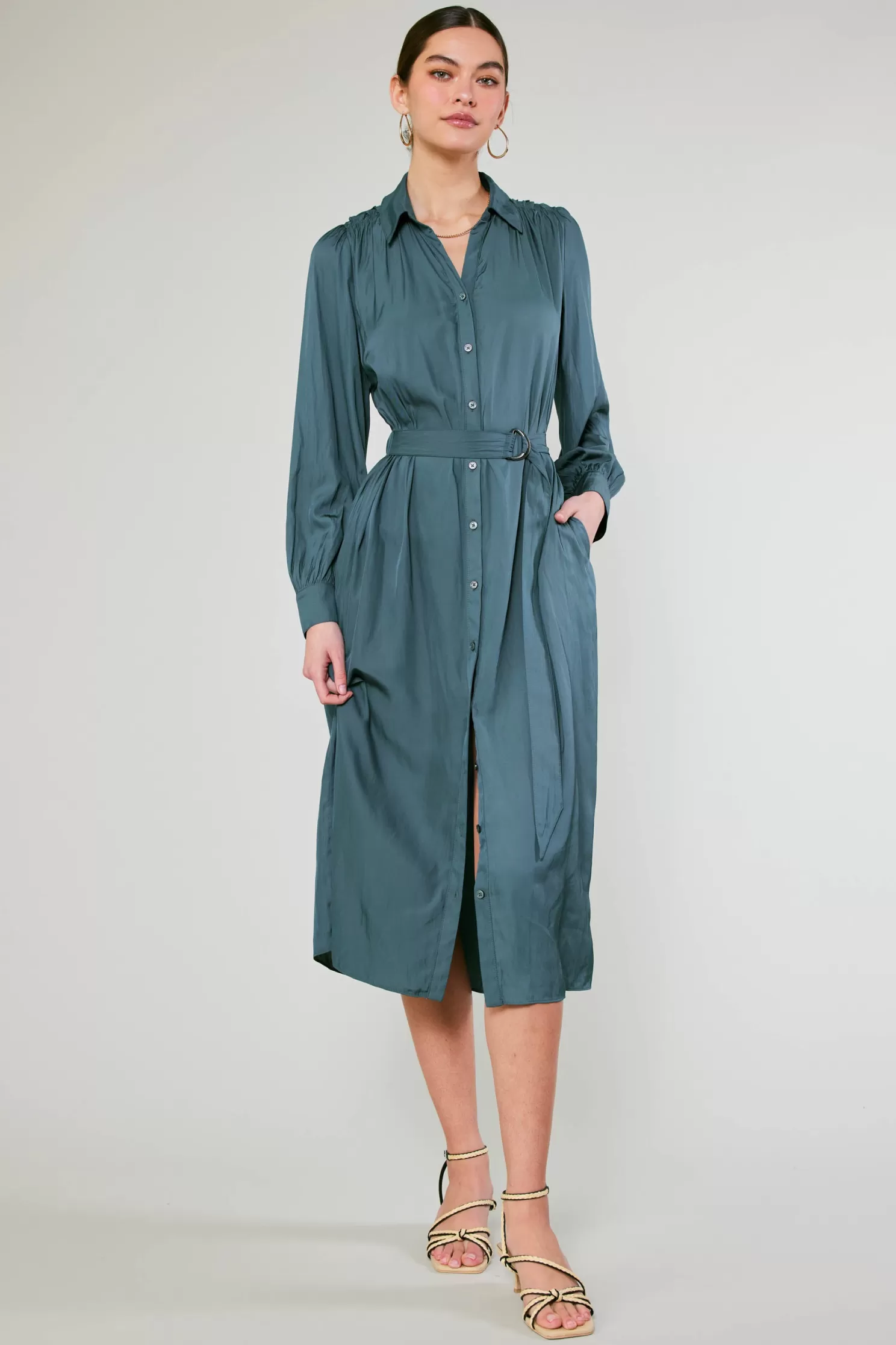 New Belted Buttondown Shirt Dress Midi Dresses