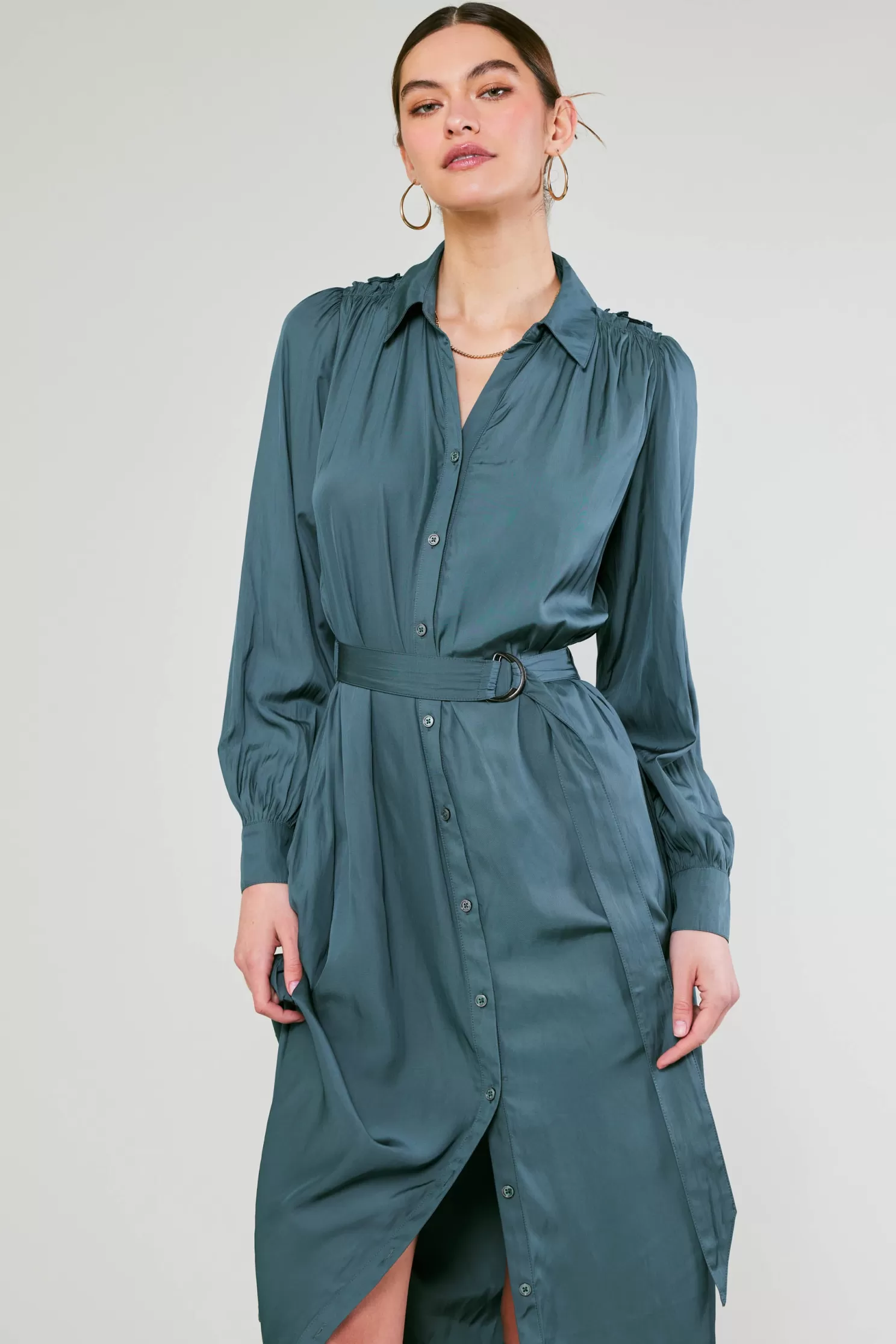 New Belted Buttondown Shirt Dress Midi Dresses