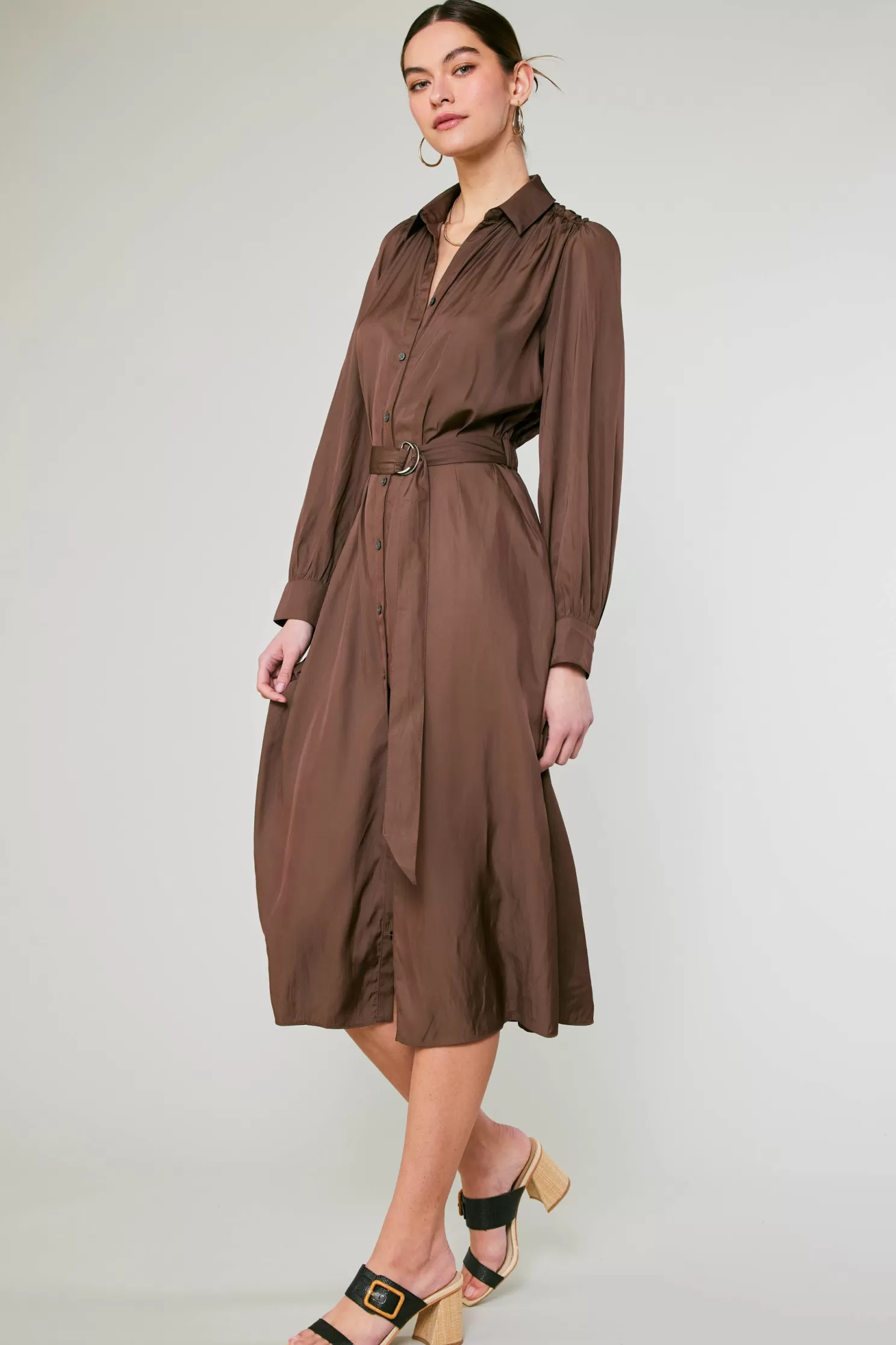 Cheap Belted Buttondown Shirt Dress Midi Dresses