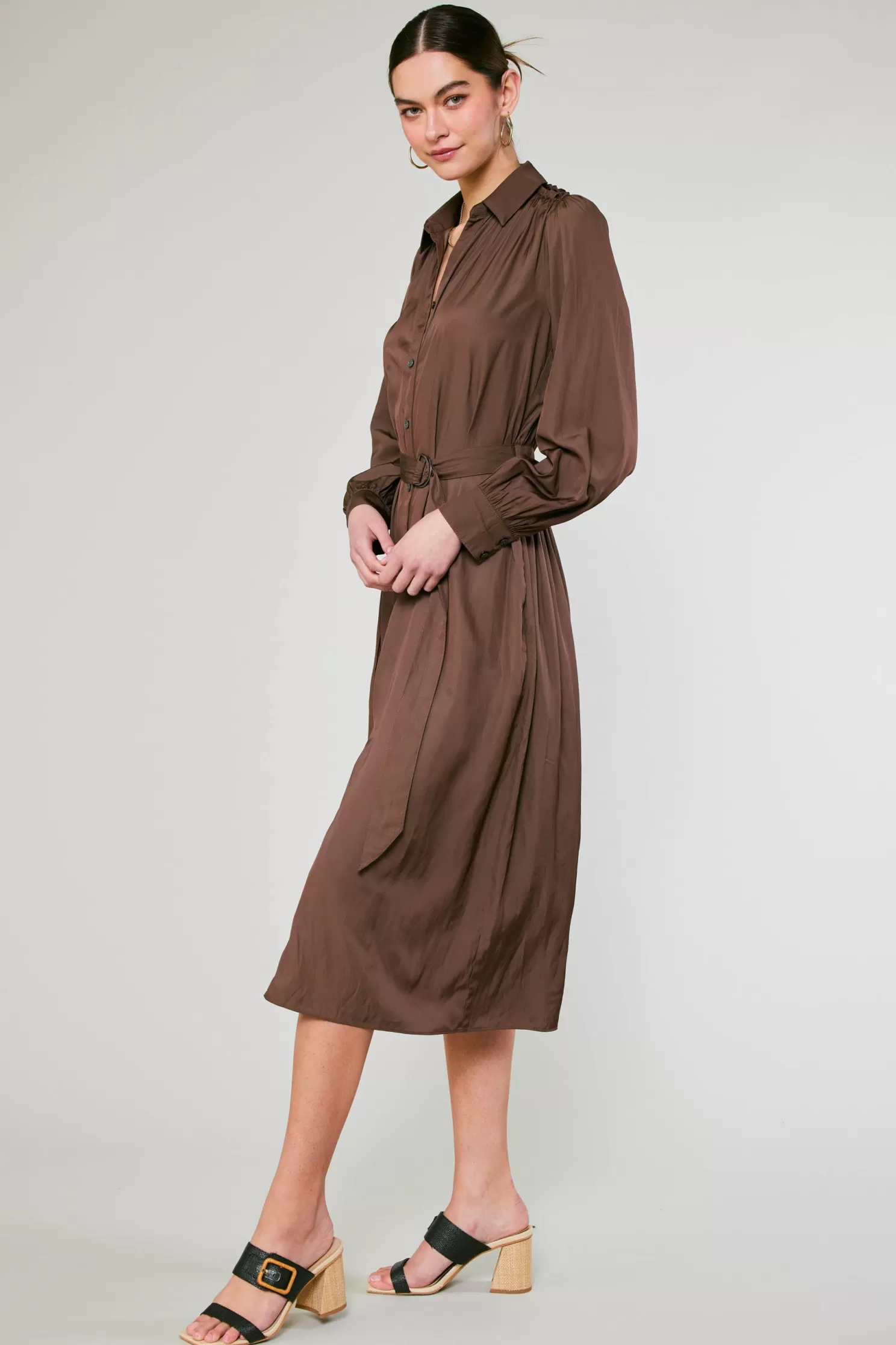 Cheap Belted Buttondown Shirt Dress Midi Dresses