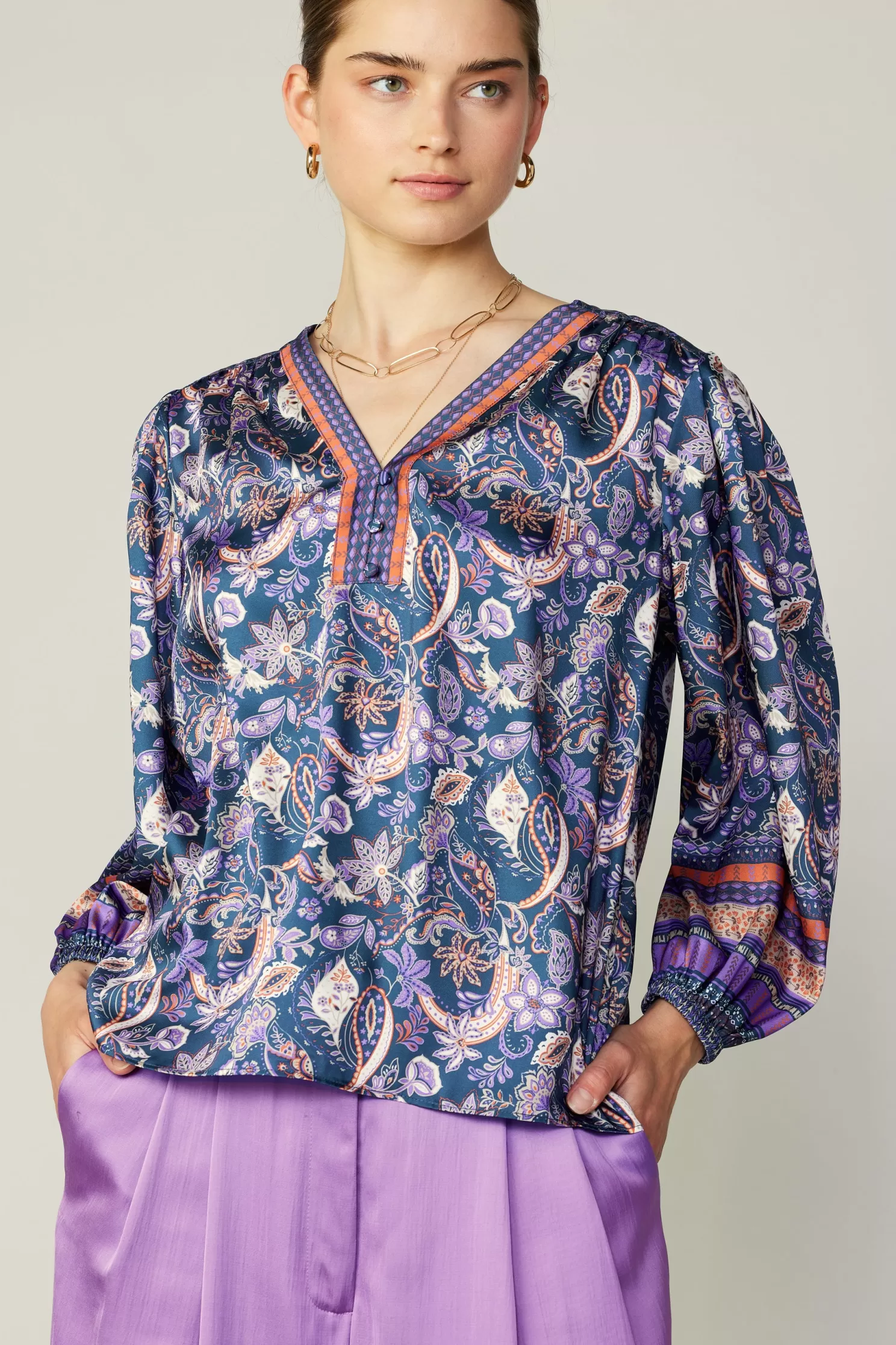 Online Border Print Paisley Top Blouses | Long Sleeve Tops