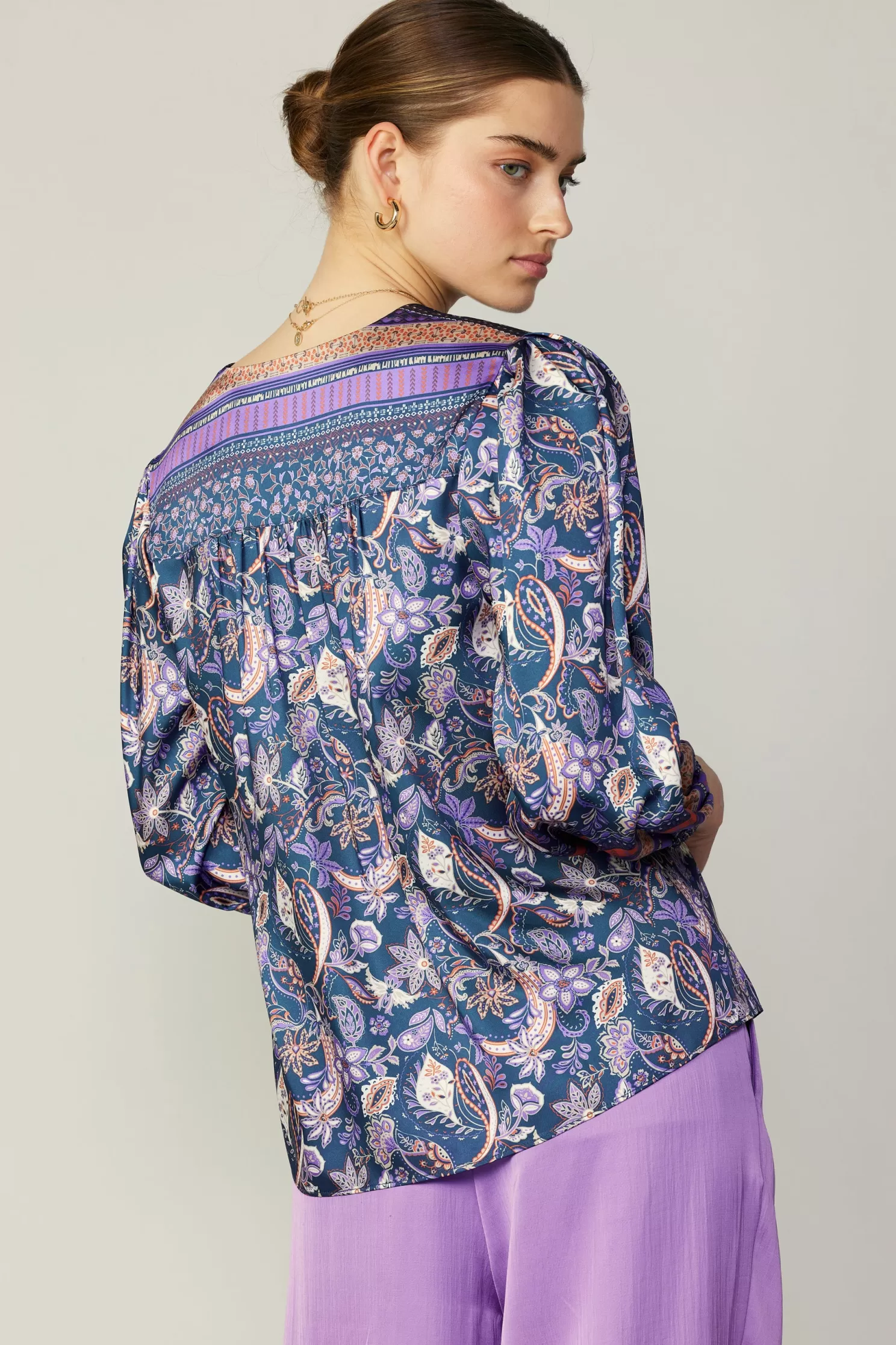 Online Border Print Paisley Top Blouses | Long Sleeve Tops