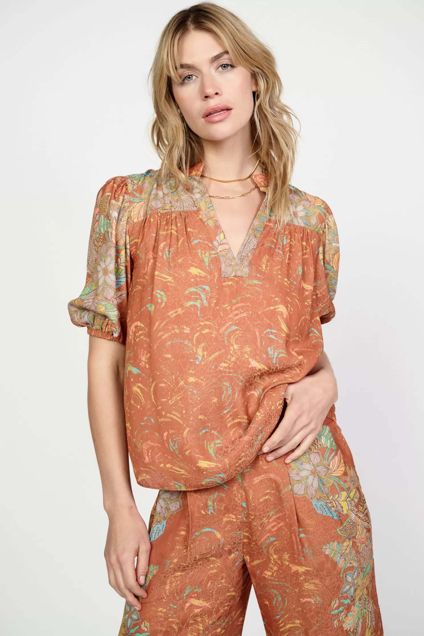 Fashion Border Print Retro Floral Blouse Blouses | Short Sleeve Tops