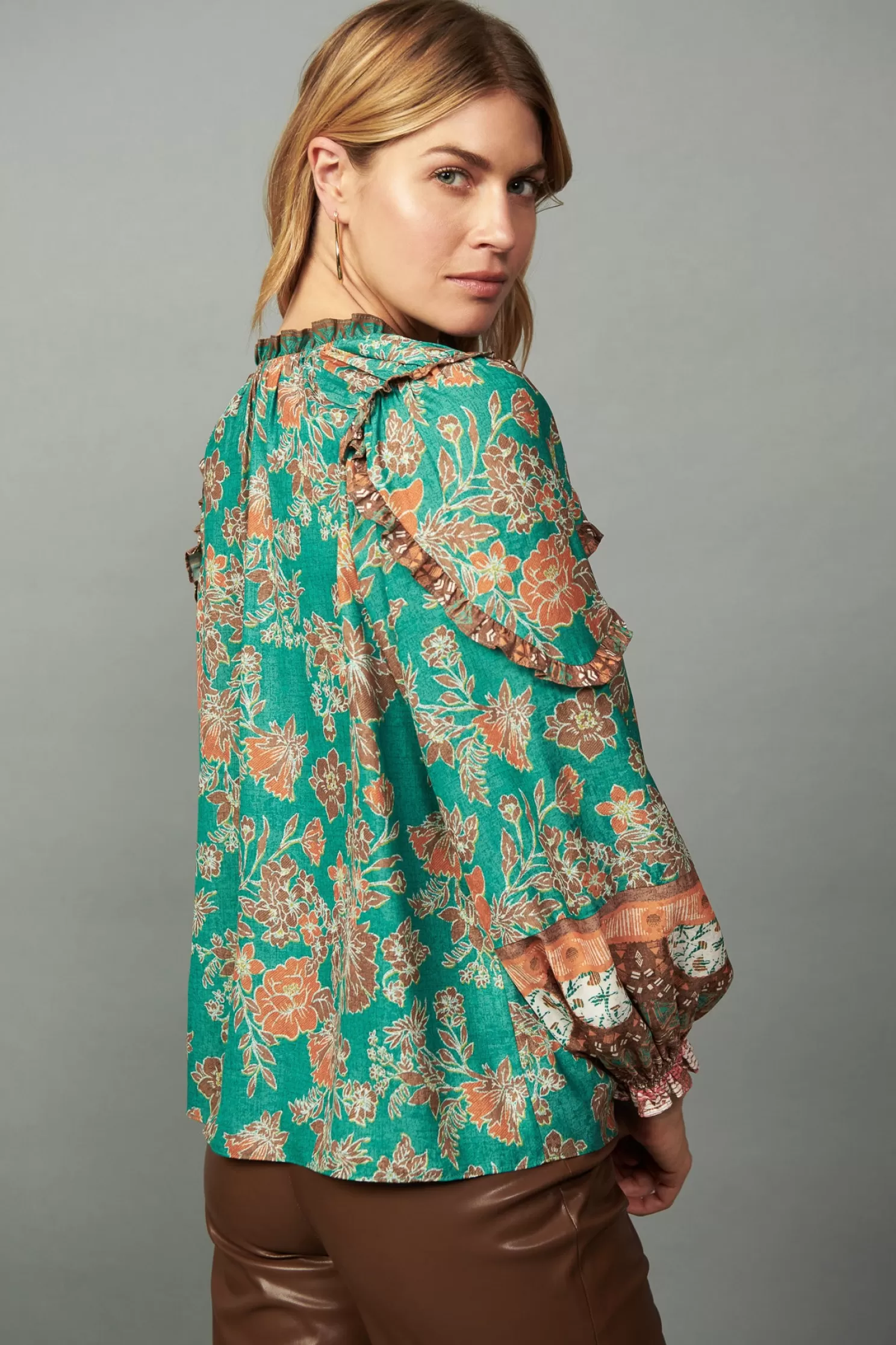 New Border Ruffled Floral Blouse Blouses | Long Sleeve Tops