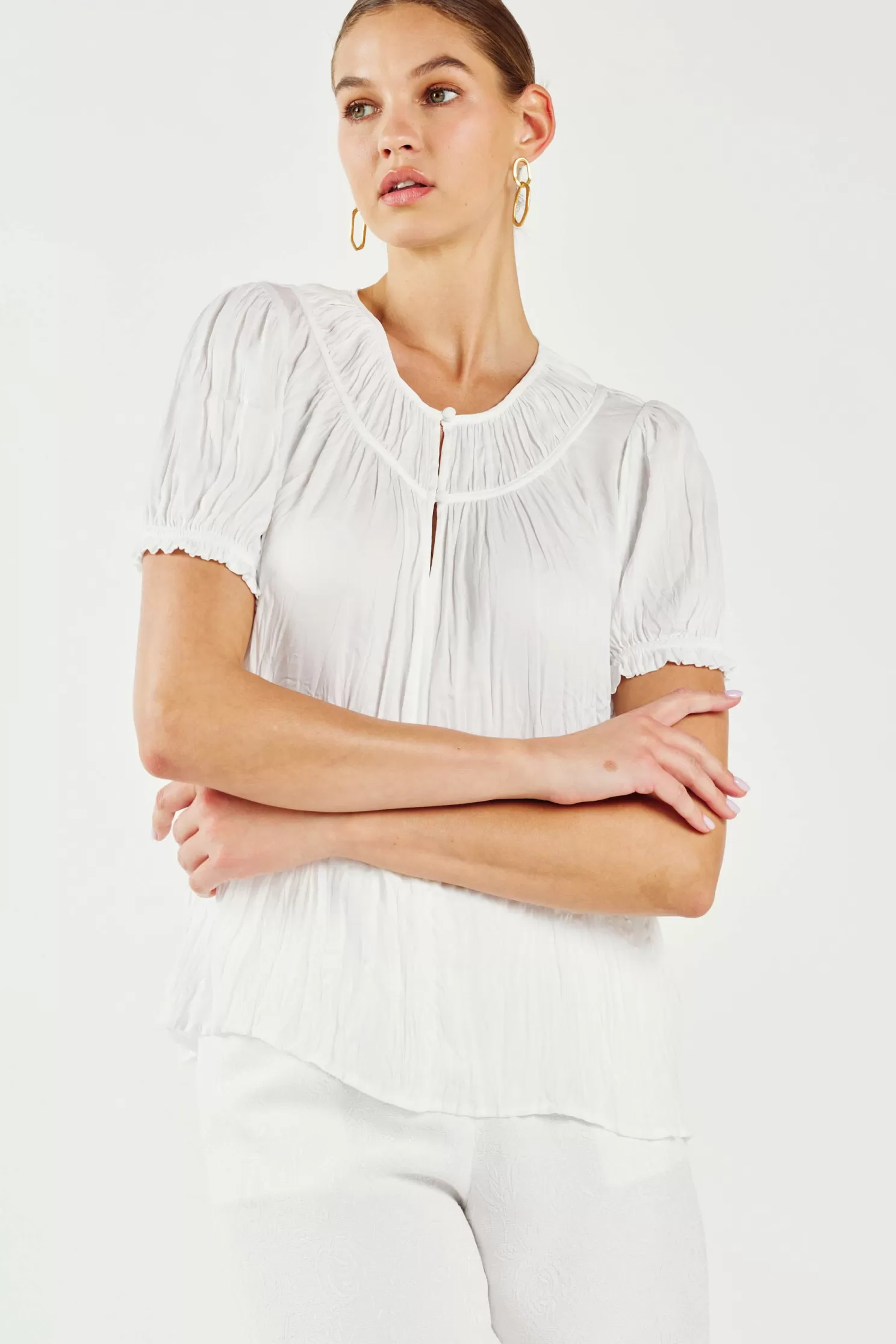 Cheap Brooklyn Crinkle Top Blouses | Short Sleeve Tops