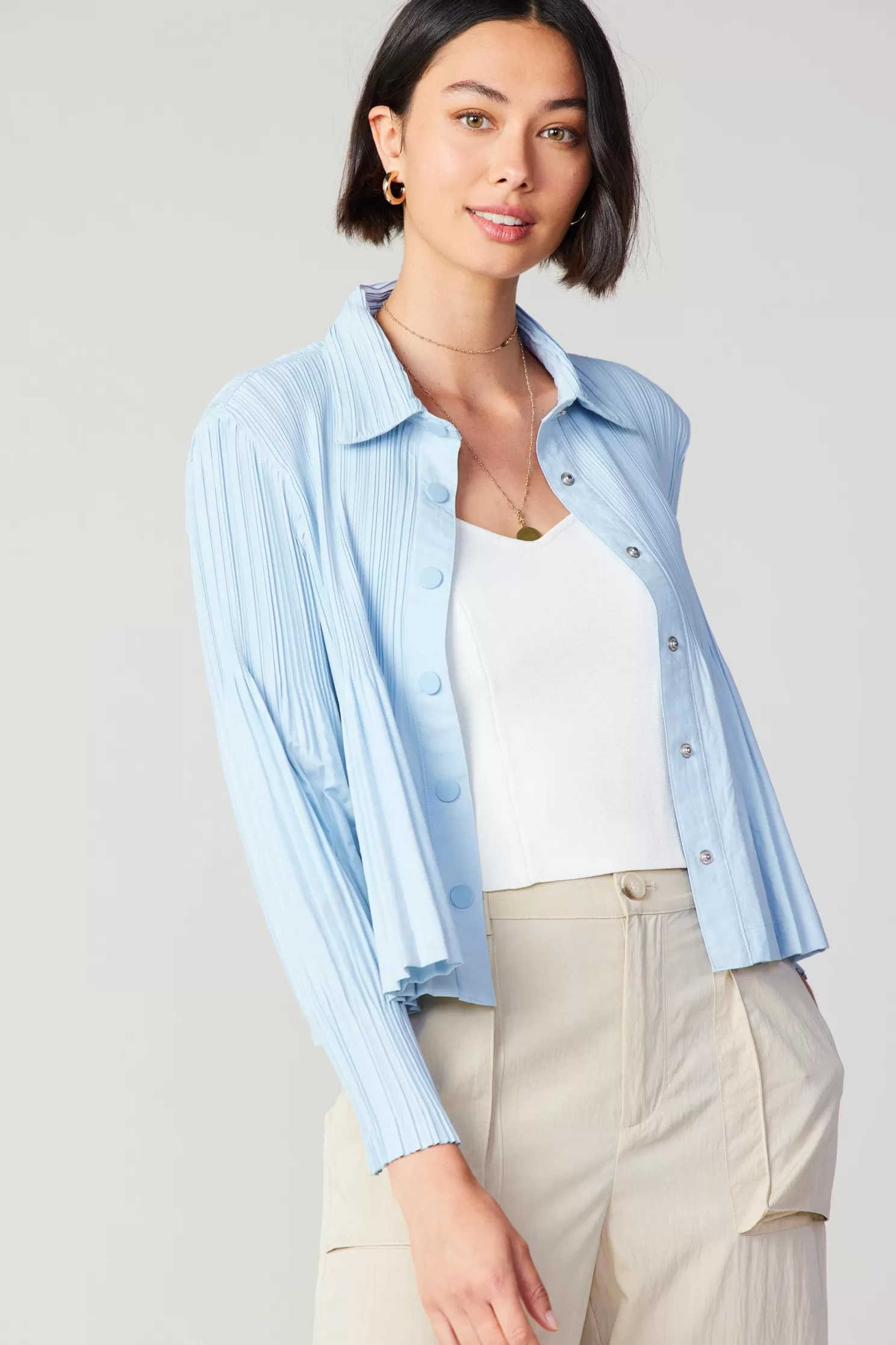 Best Button Down Pleated Top Long Sleeve Tops