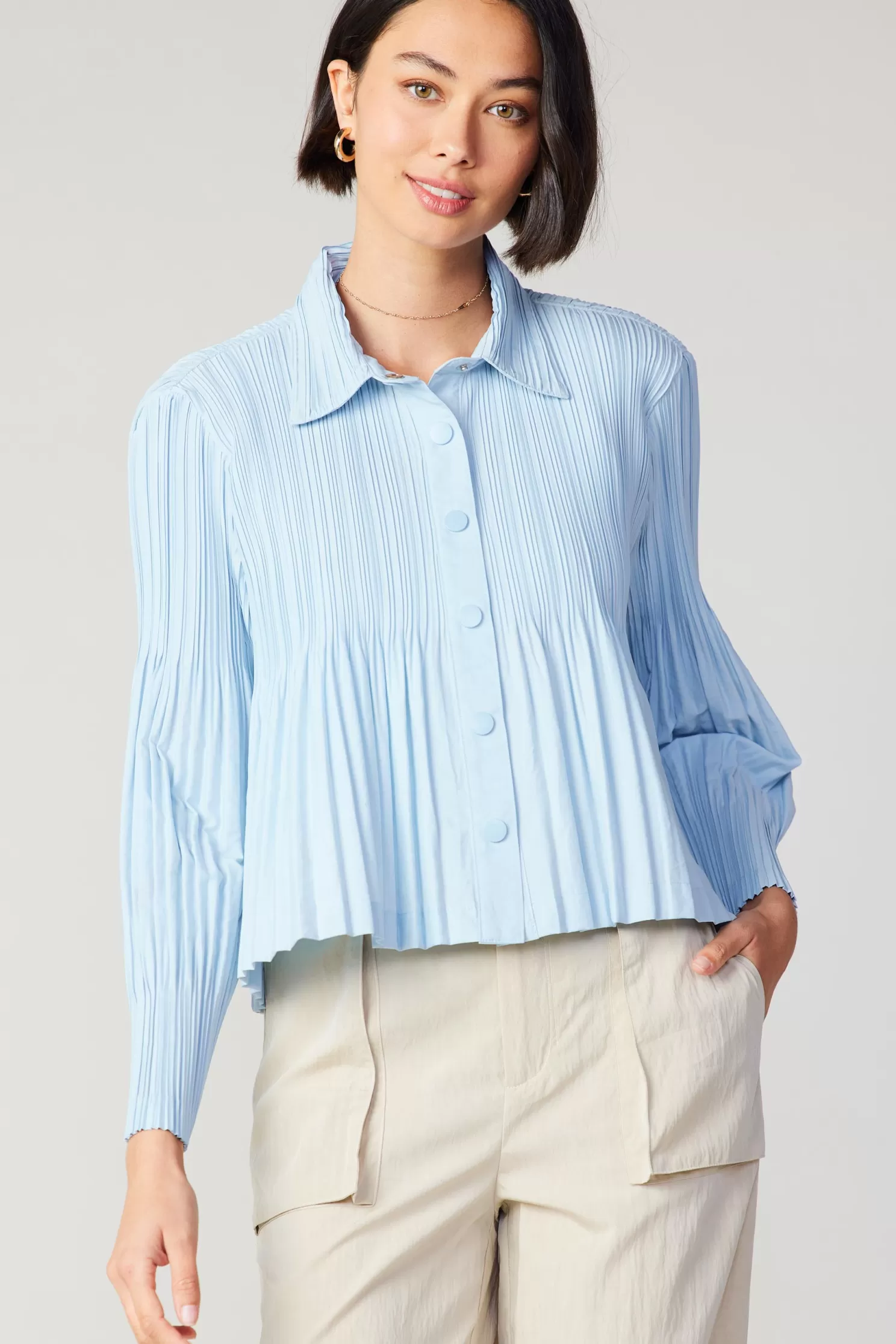 Best Button Down Pleated Top Long Sleeve Tops