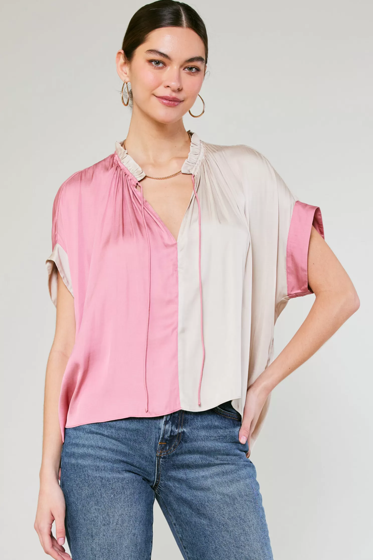 Cheap Colorblock Contrast Top Blouses | Short Sleeve Tops