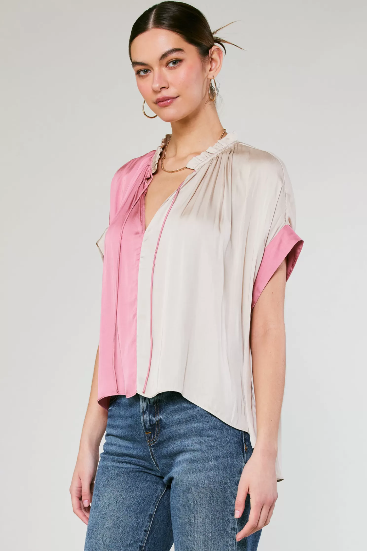 Cheap Colorblock Contrast Top Blouses | Short Sleeve Tops