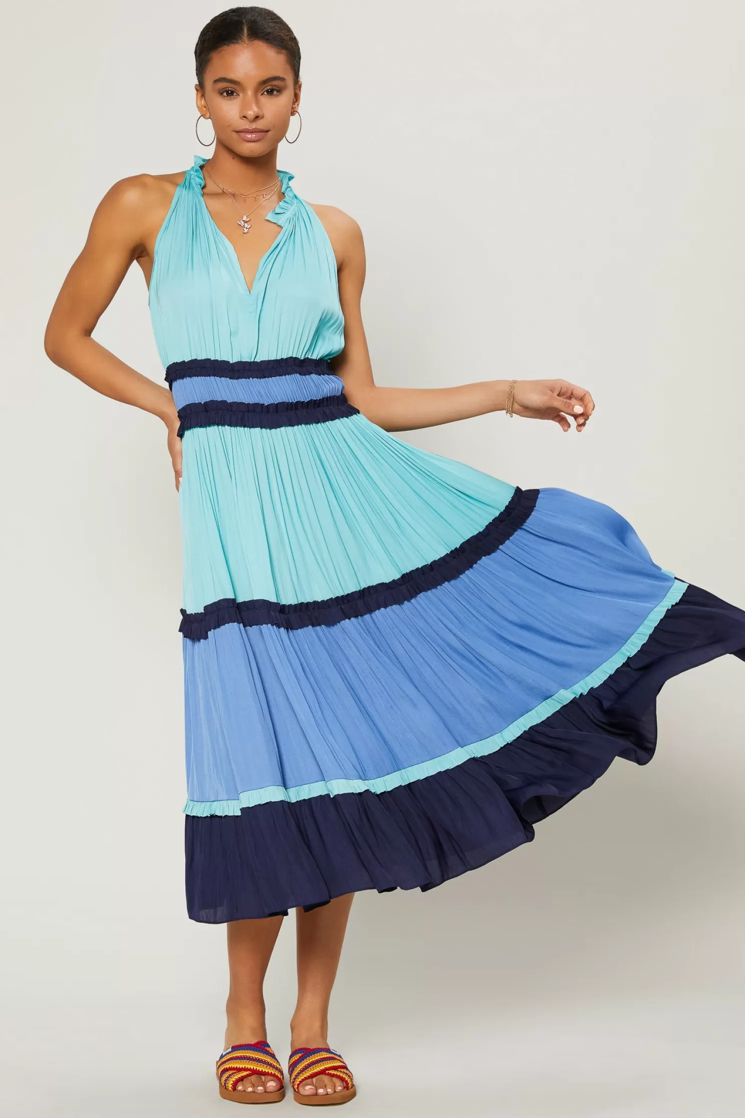 Discount Colorblock Tiered Midi Dress Midi Dresses