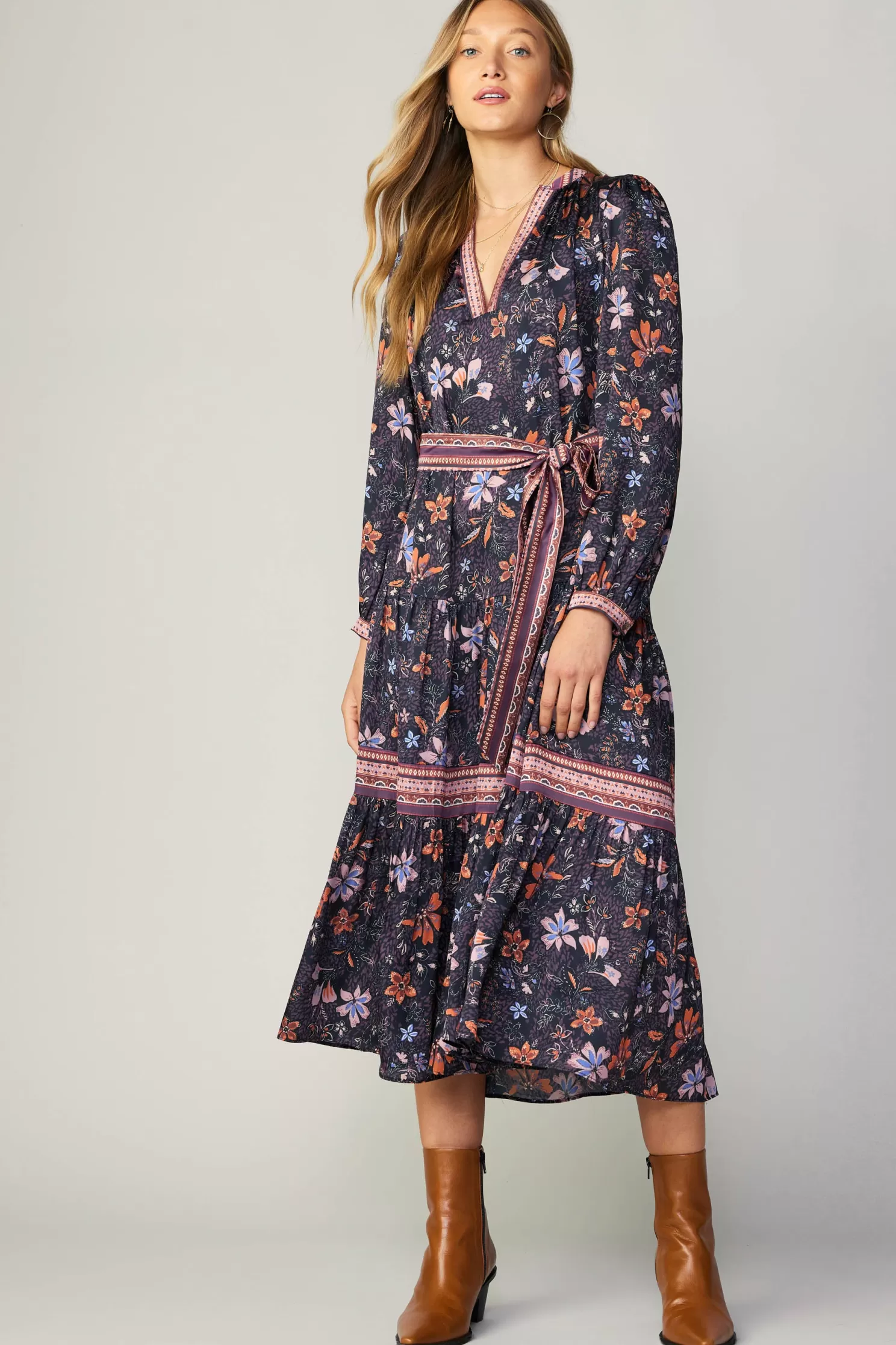 Cheap Contrast Stripe Floral Midi Dress Midi Dresses