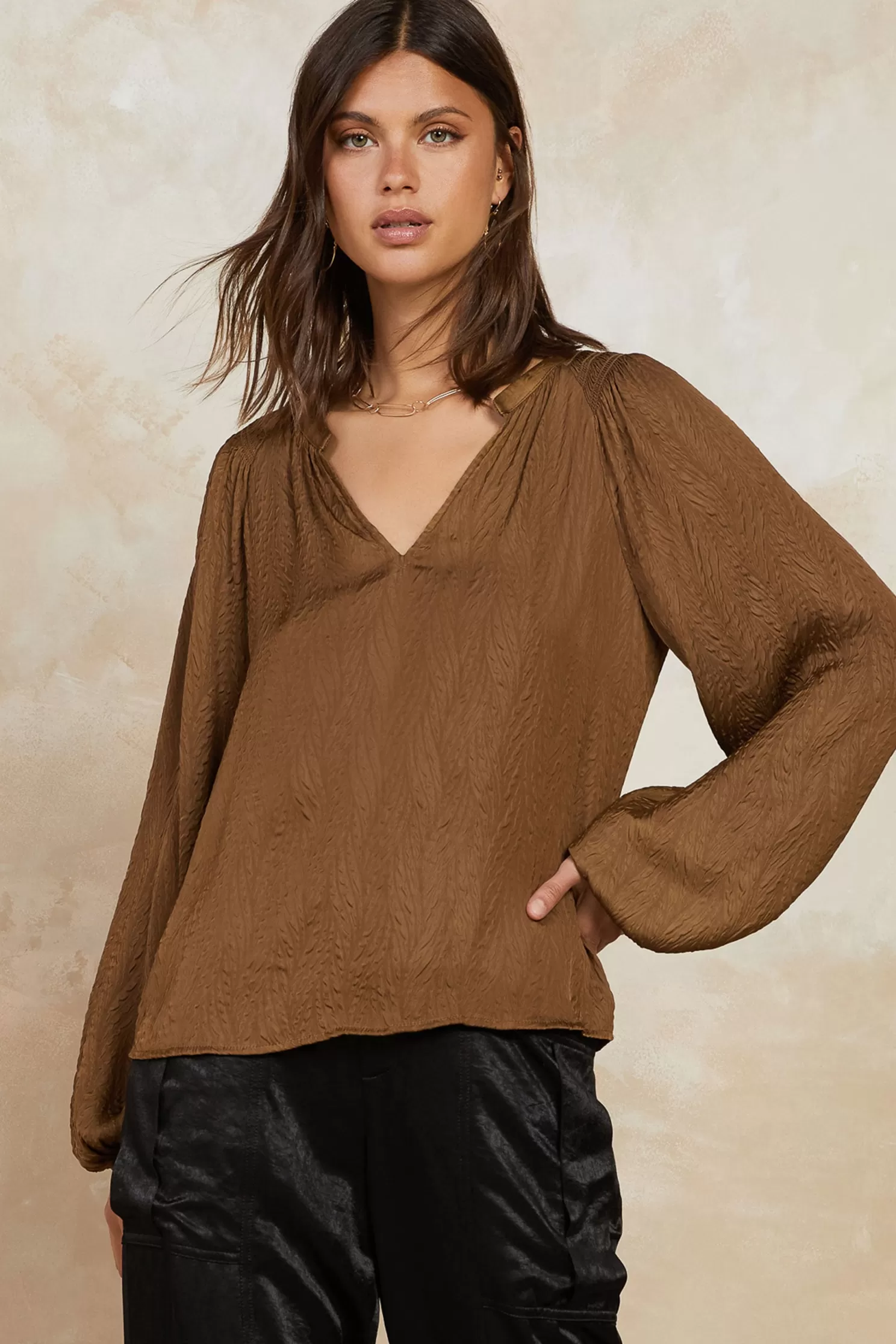 Cheap Crinkle Texture Blouse Long Sleeve Tops