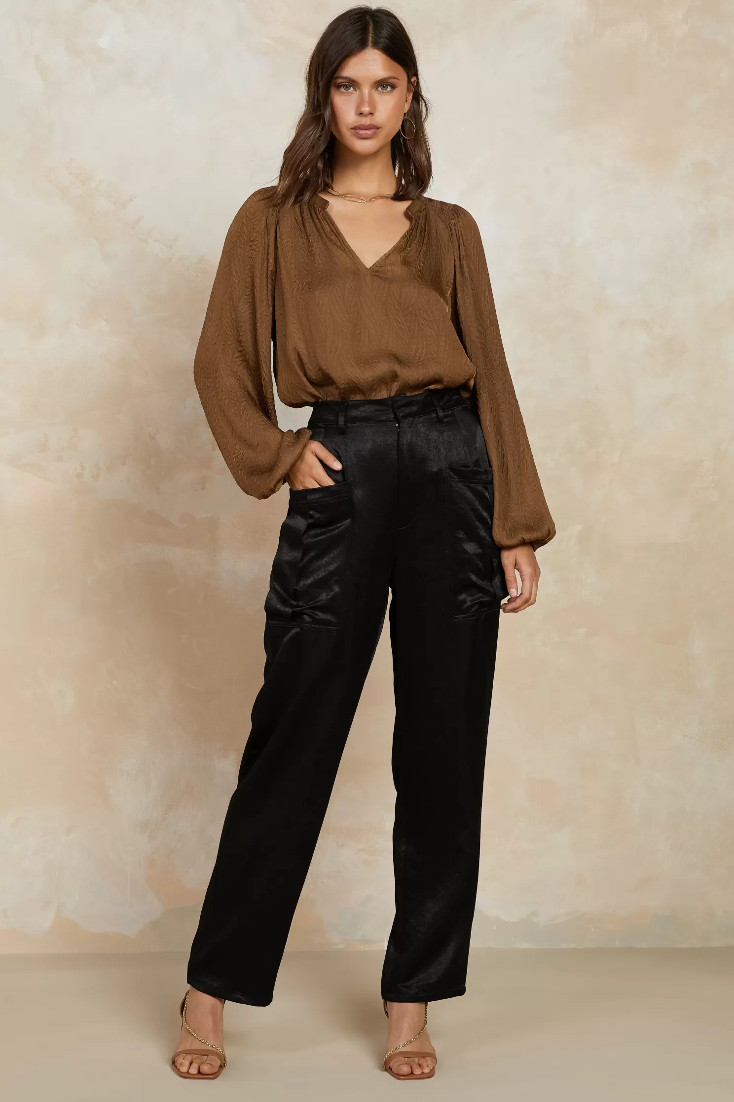 Cheap Crinkle Texture Blouse Long Sleeve Tops