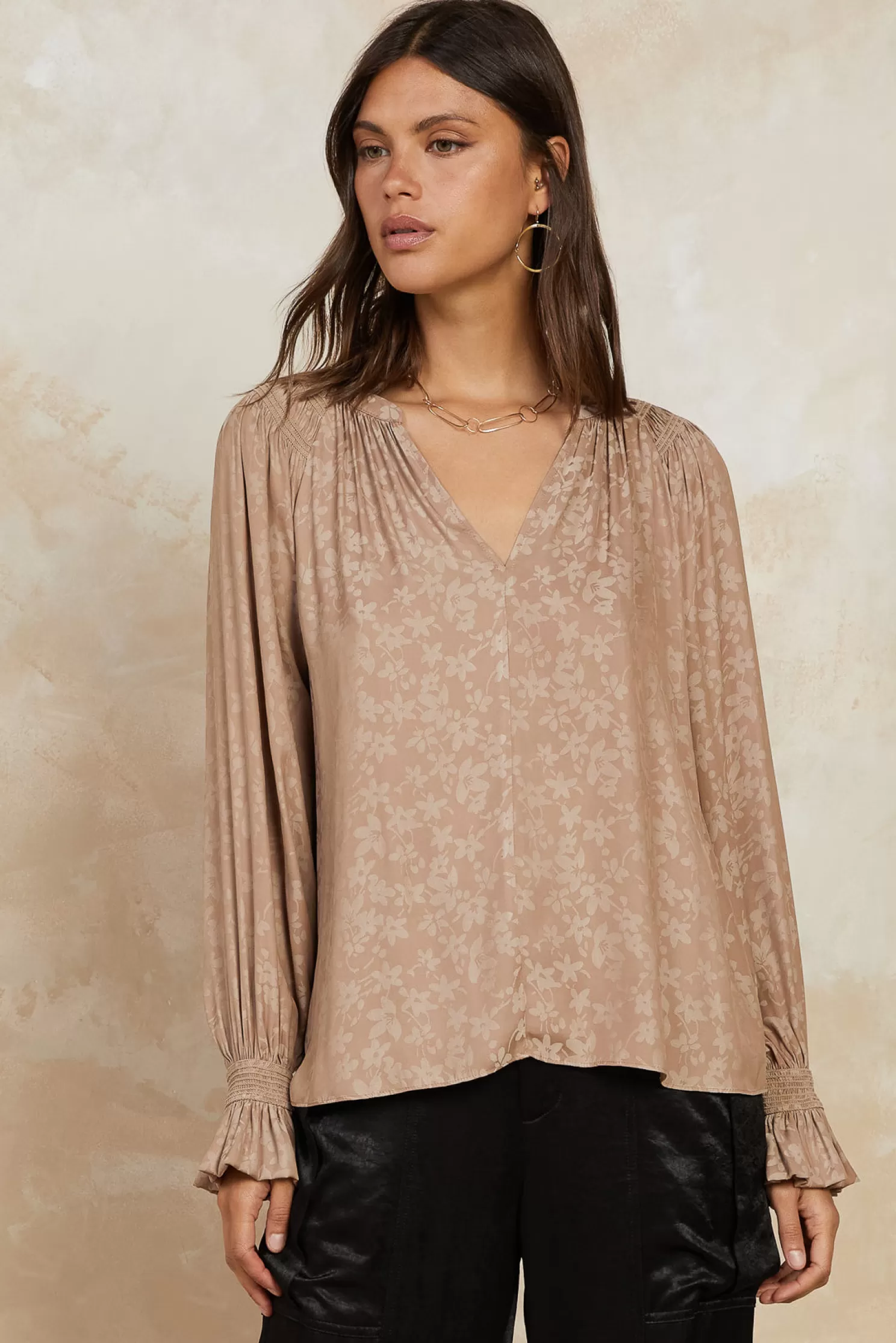 Clearance Cuffed Floral Jacquard Blouse Blouses | Long Sleeve Tops