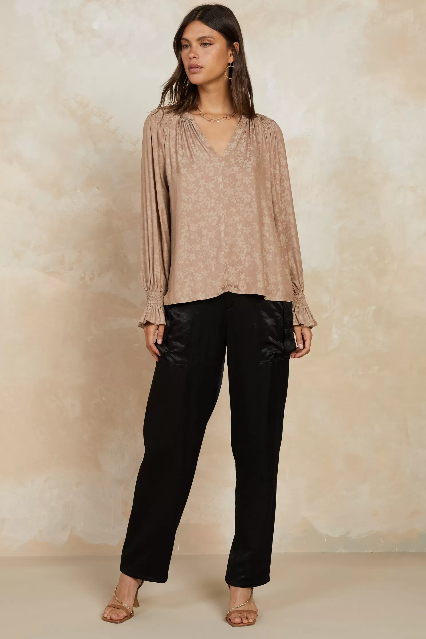 Clearance Cuffed Floral Jacquard Blouse Blouses | Long Sleeve Tops