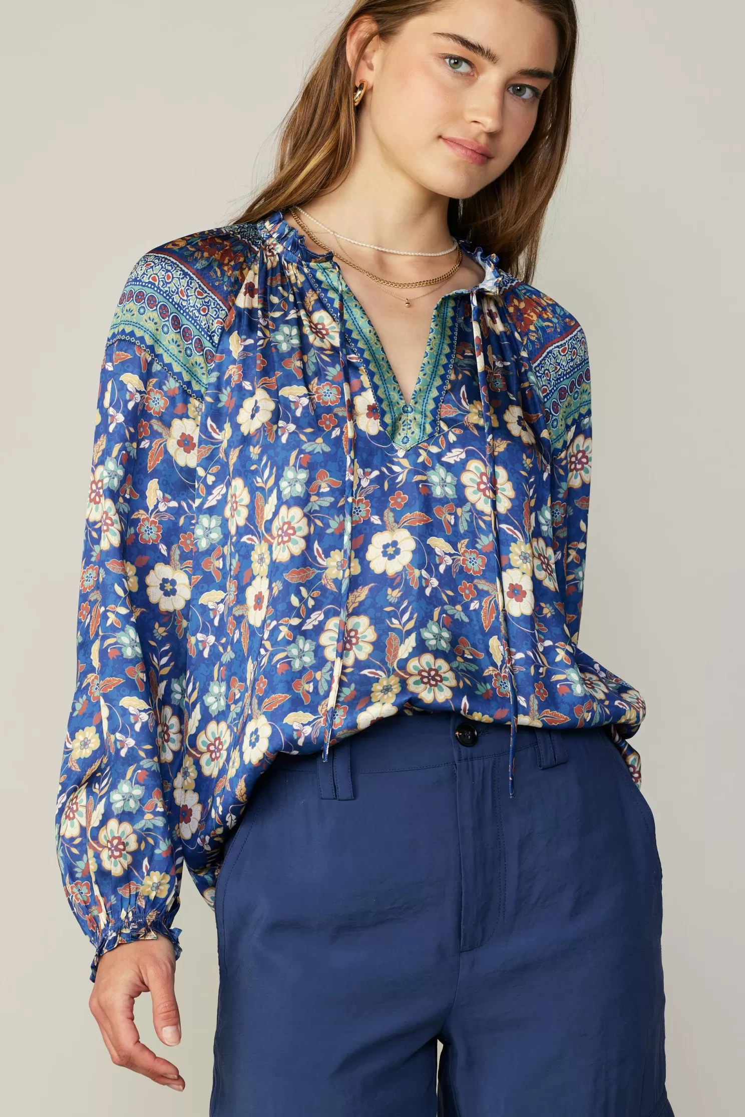 Outlet Floral Border Print Blouse Blouses | Long Sleeve Tops