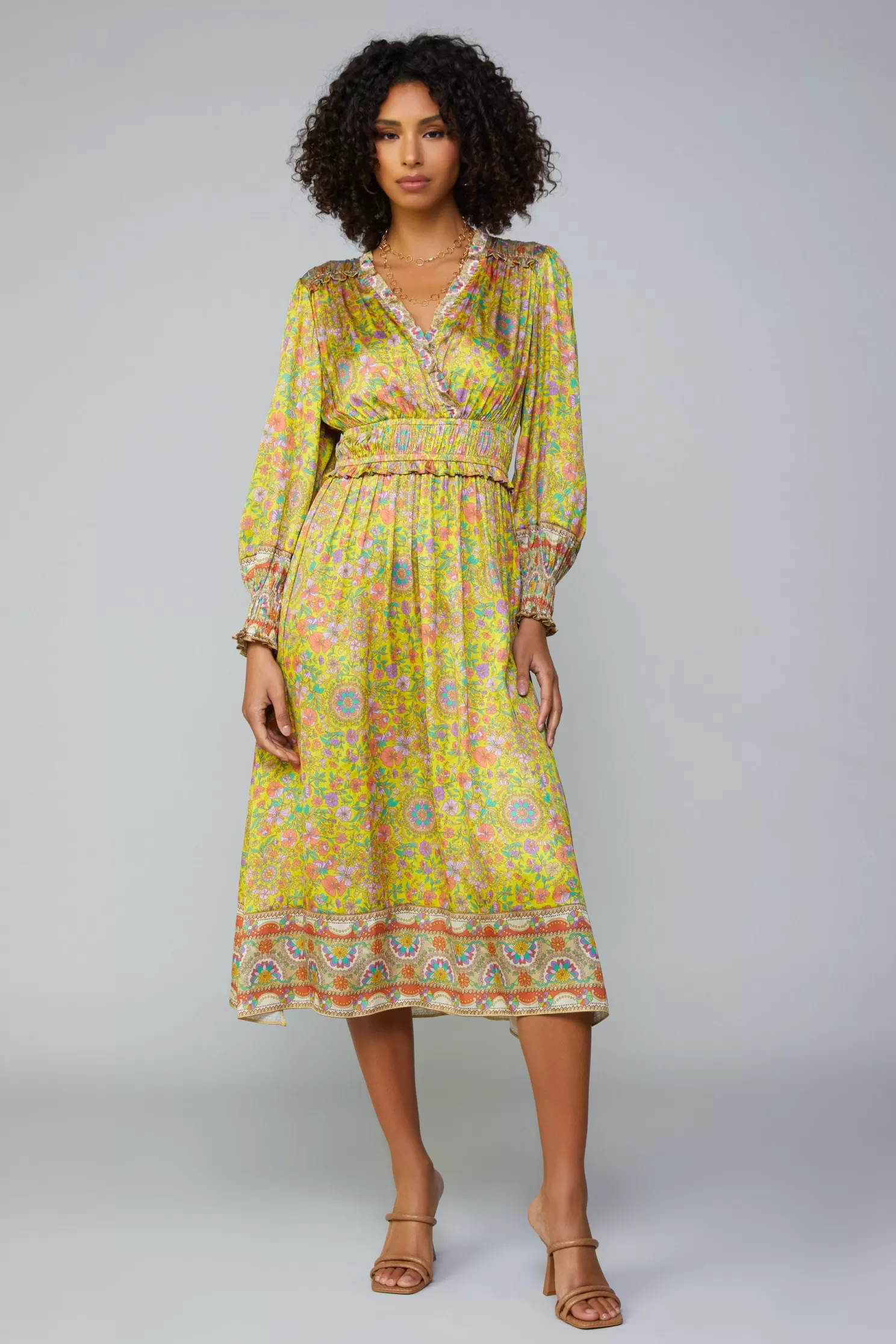 Cheap Floral Border Print Surplice Midi Dress Midi Dresses