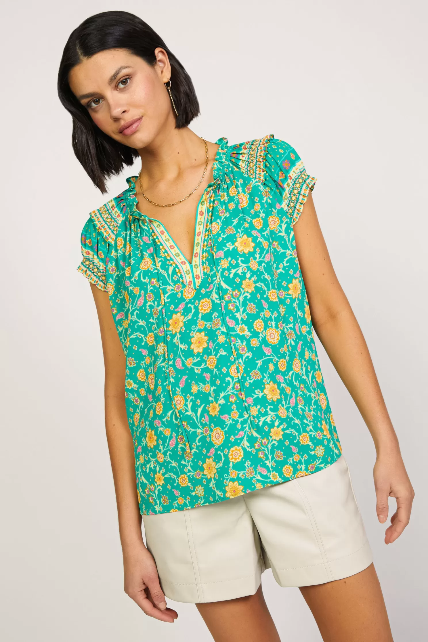 Best Sale Floral Border Print Top Blouses | Short Sleeve Tops