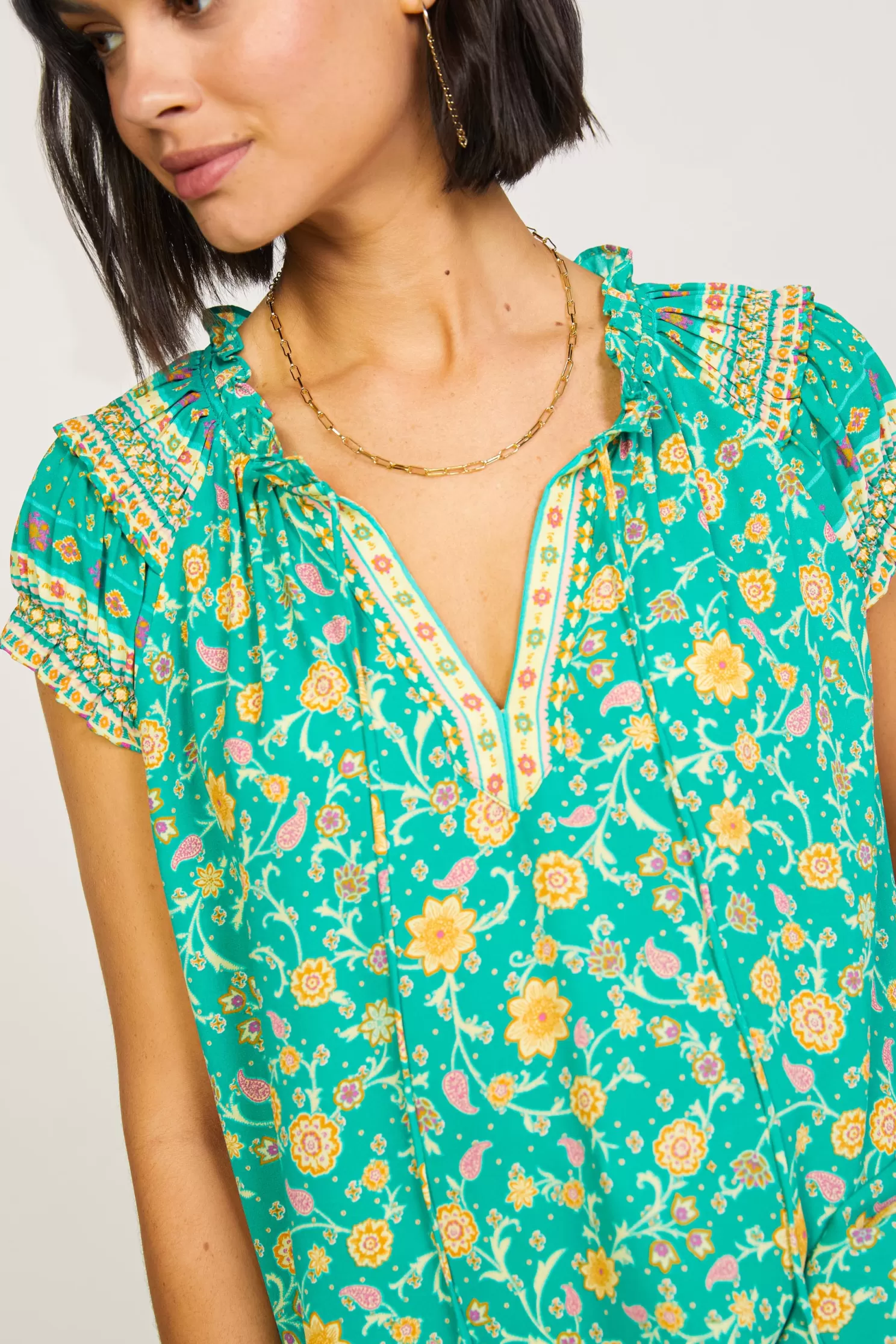 Best Sale Floral Border Print Top Blouses | Short Sleeve Tops