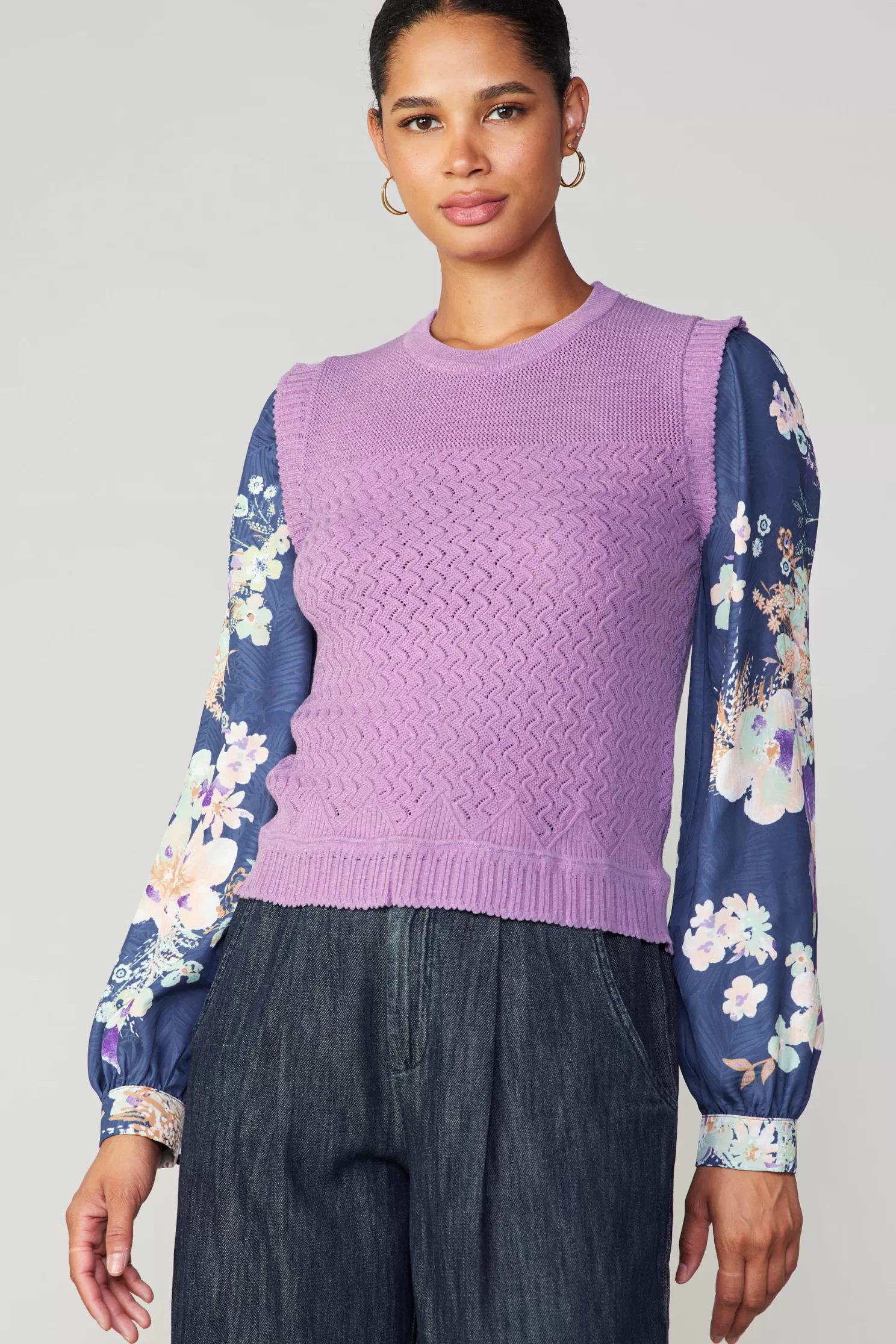 Discount Floral Contrast Sleeve Sweater Top Blouses | Sweaters