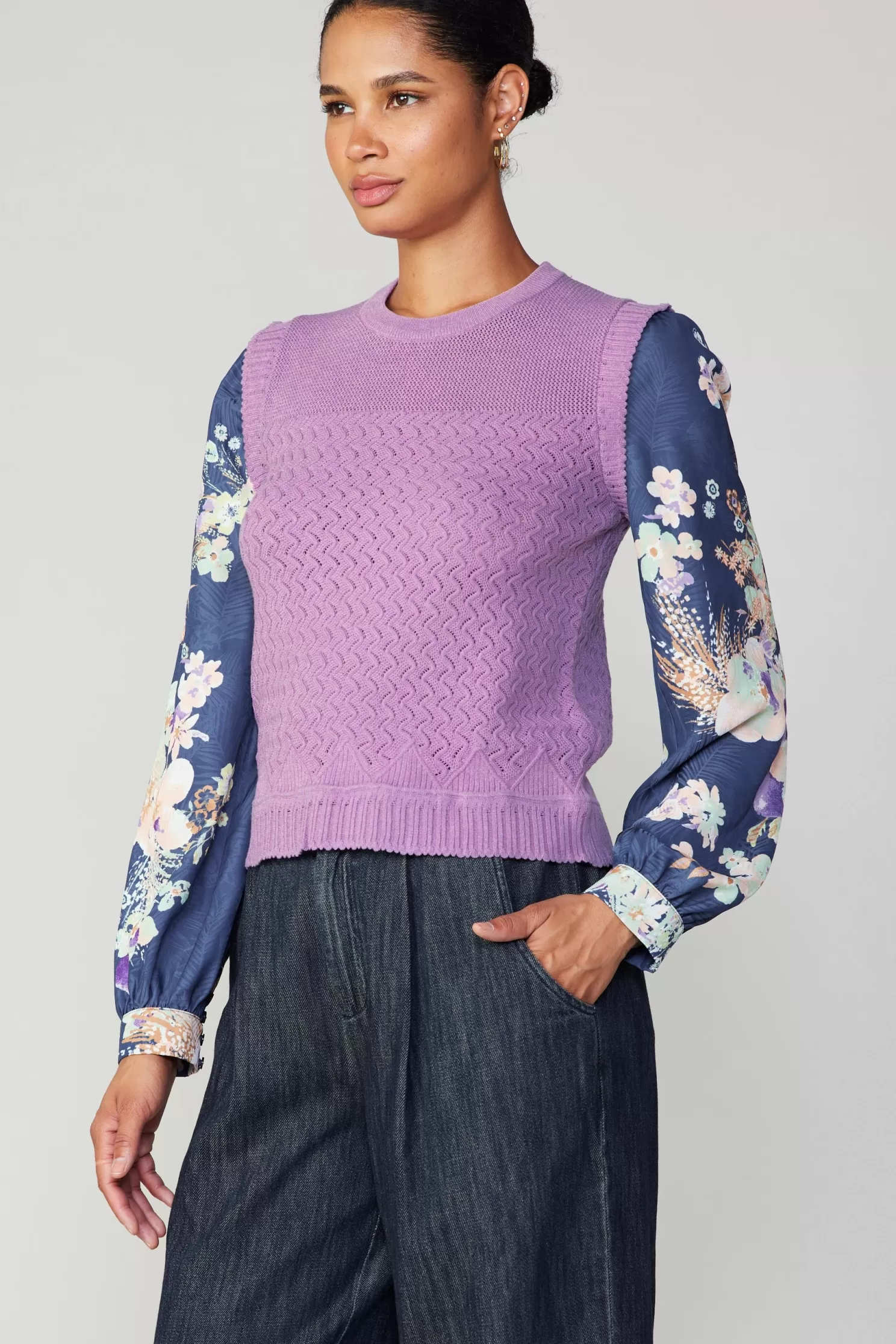 Discount Floral Contrast Sleeve Sweater Top Blouses | Sweaters