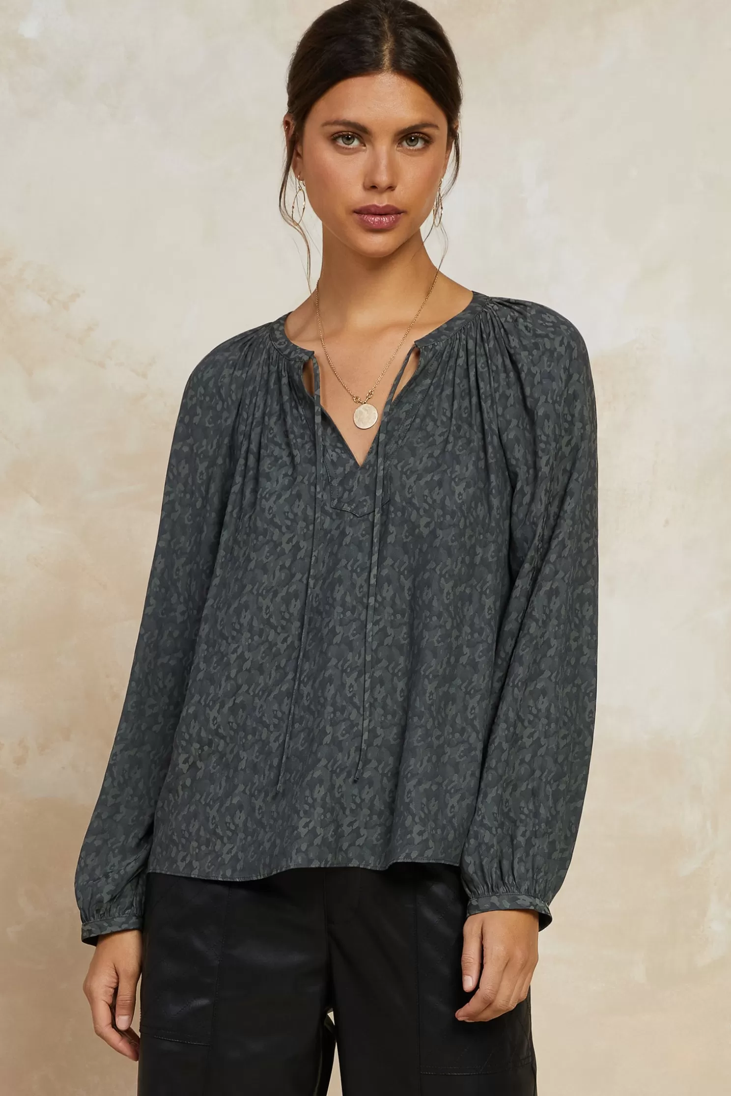 Cheap Floral Jacquard Split Neck Top Blouses | Long Sleeve Tops