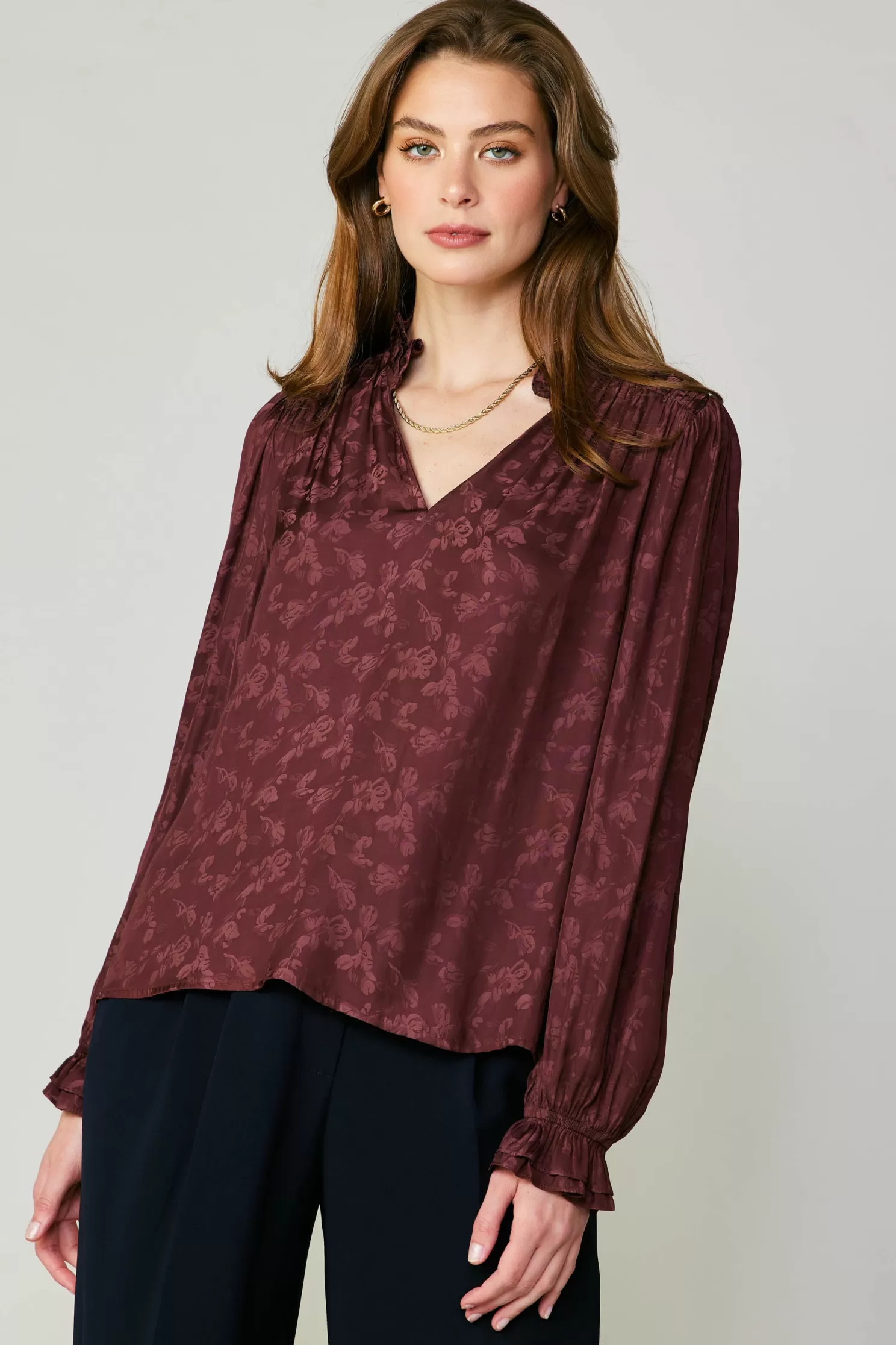 Store Floral Jacquard Splitneck Blouse Blouses