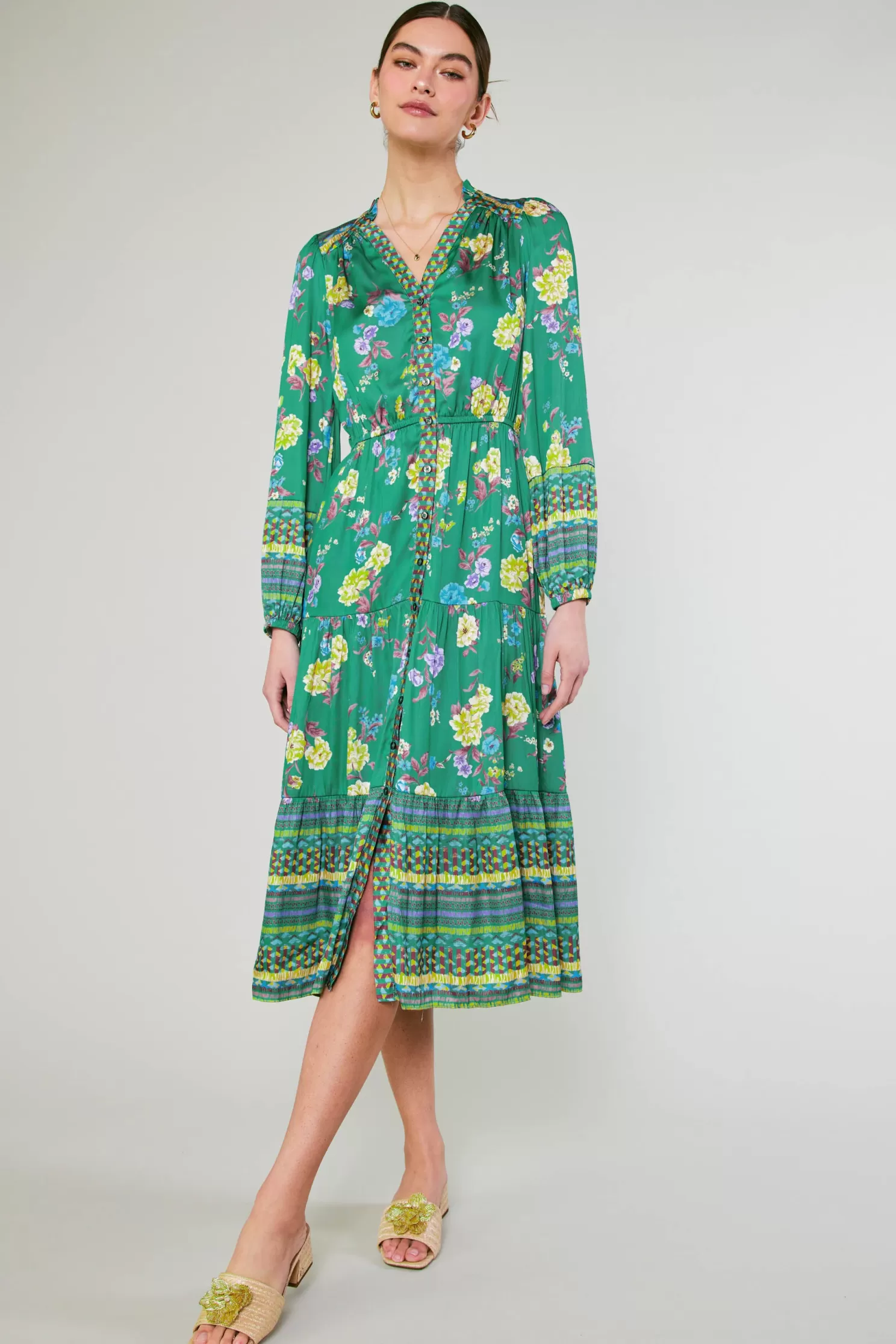 Outlet Floral Motif Buttondown Dress Midi Dresses