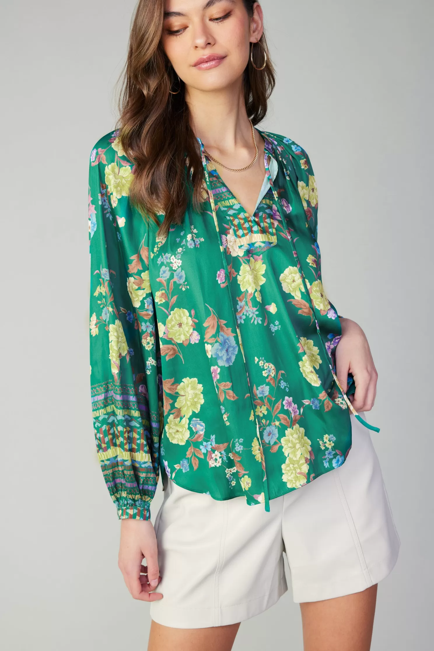 Discount Floral Motif Tieneck Blouse Long Sleeve Tops | Blouses