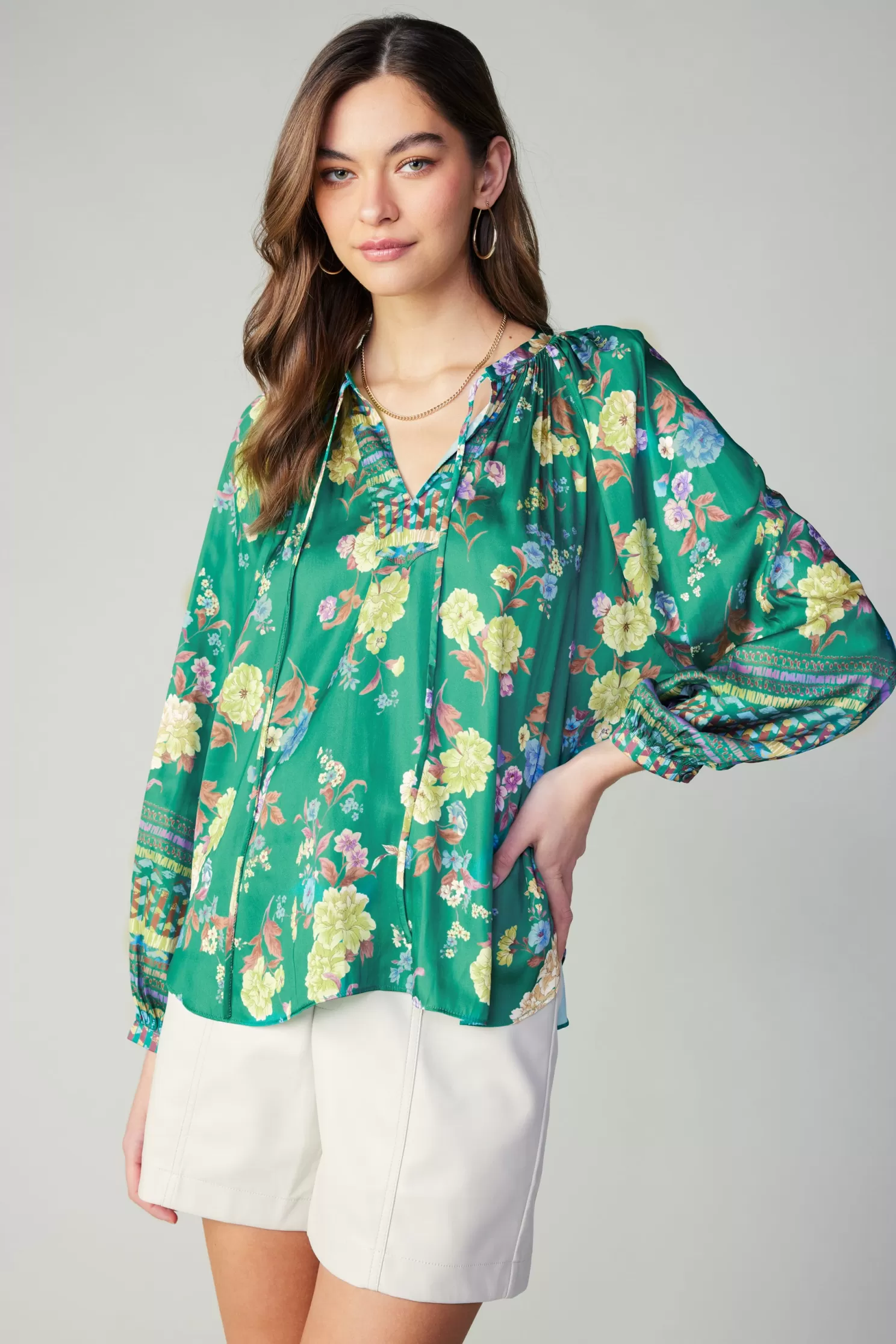 Discount Floral Motif Tieneck Blouse Long Sleeve Tops | Blouses