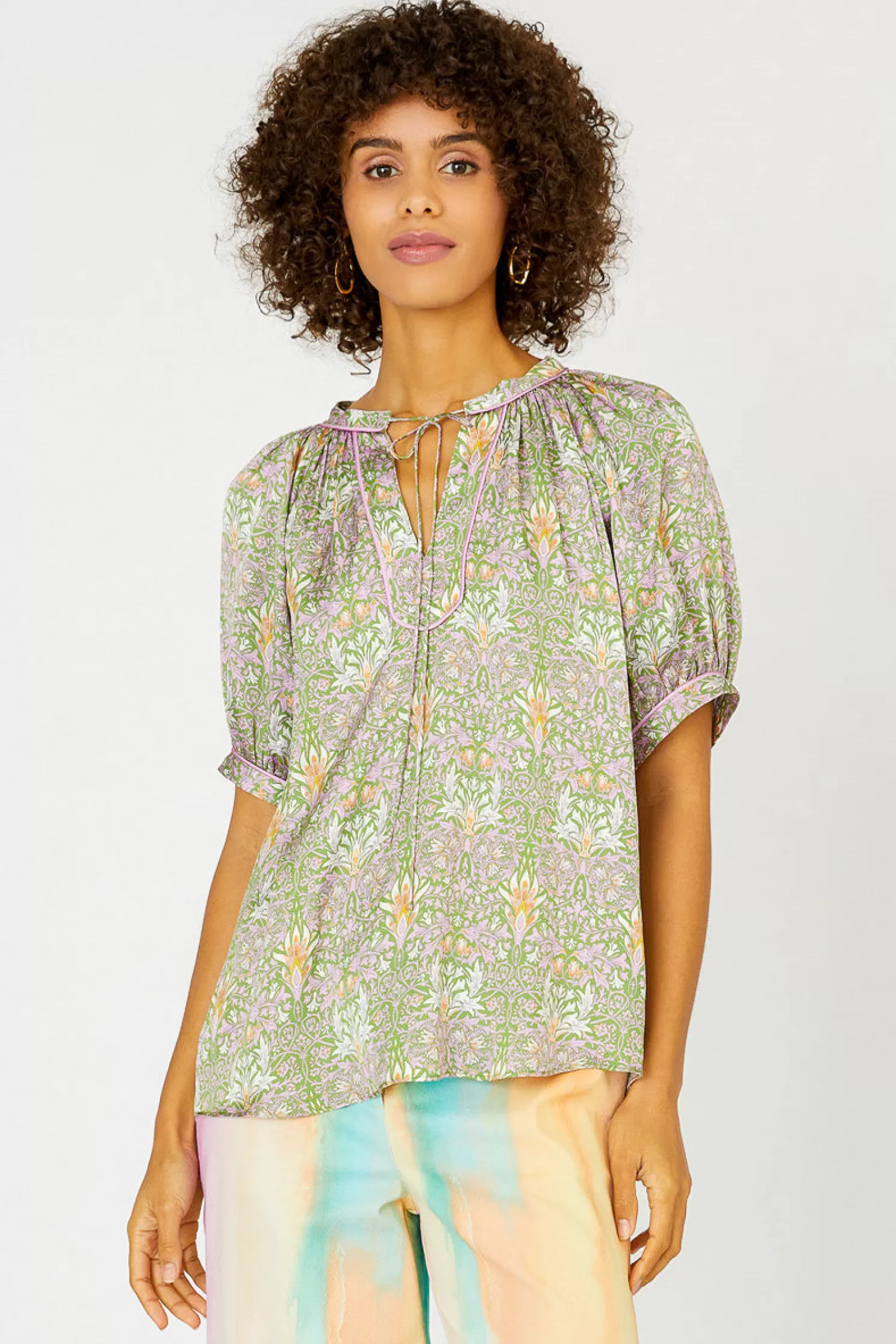 Store Floral Nouveau Split Neck Blouse Blouses | Short Sleeve Tops