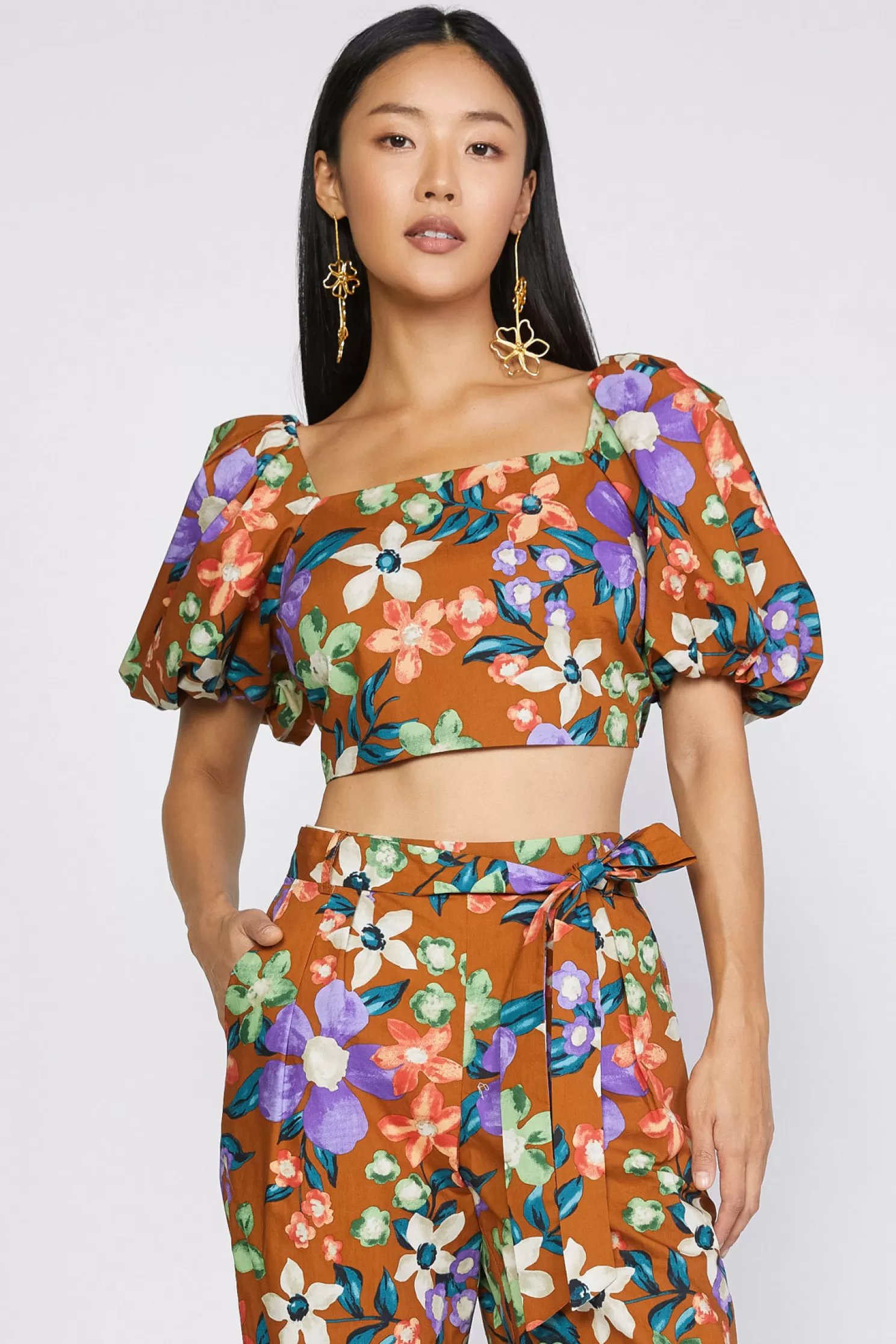 Sale Floral Puffed Sleeve Crop Top Short Sleeve Tops | Sleeveless Tops