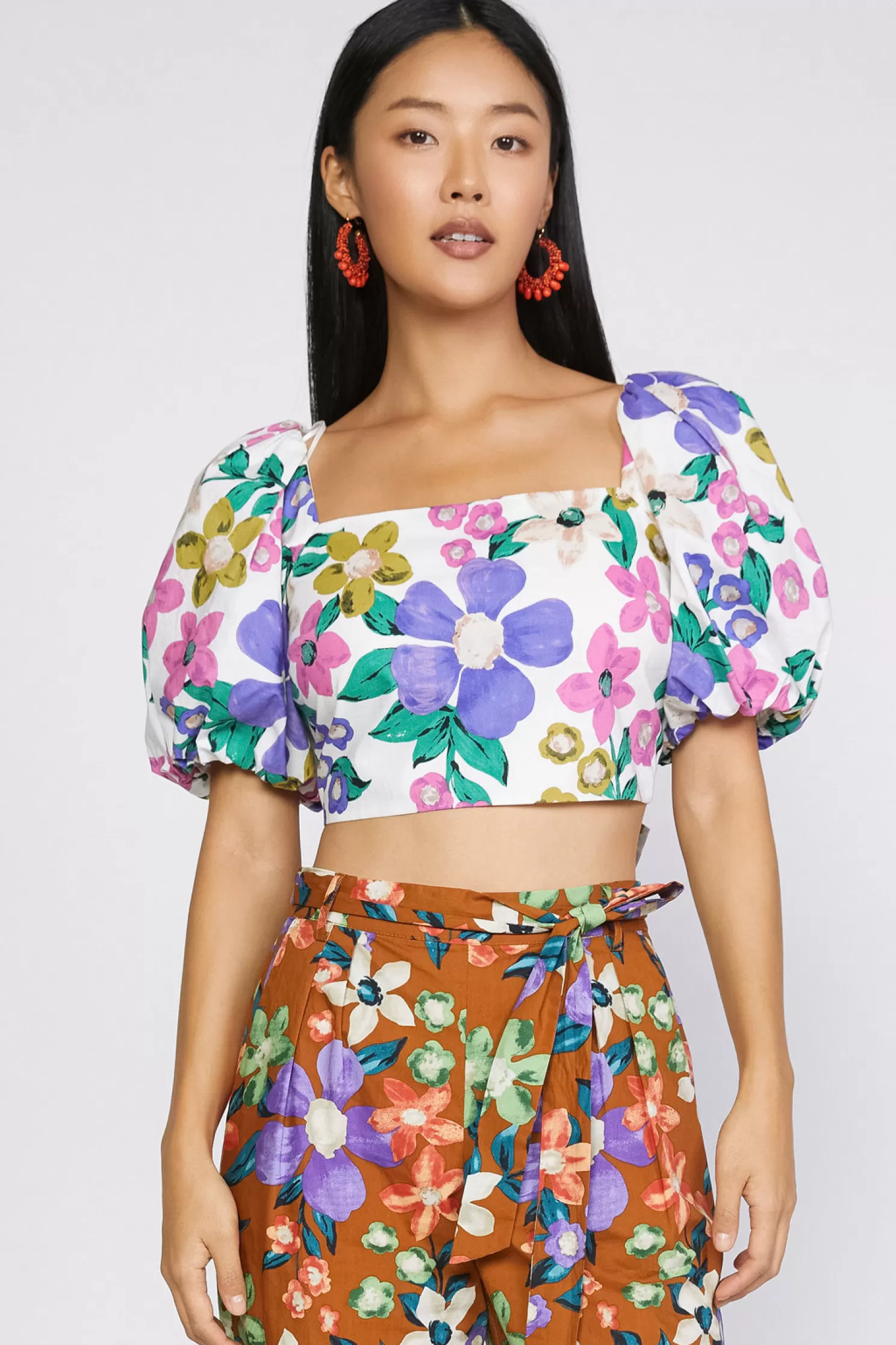 Cheap Floral Puffed Sleeve Crop Top Short Sleeve Tops | Sleeveless Tops