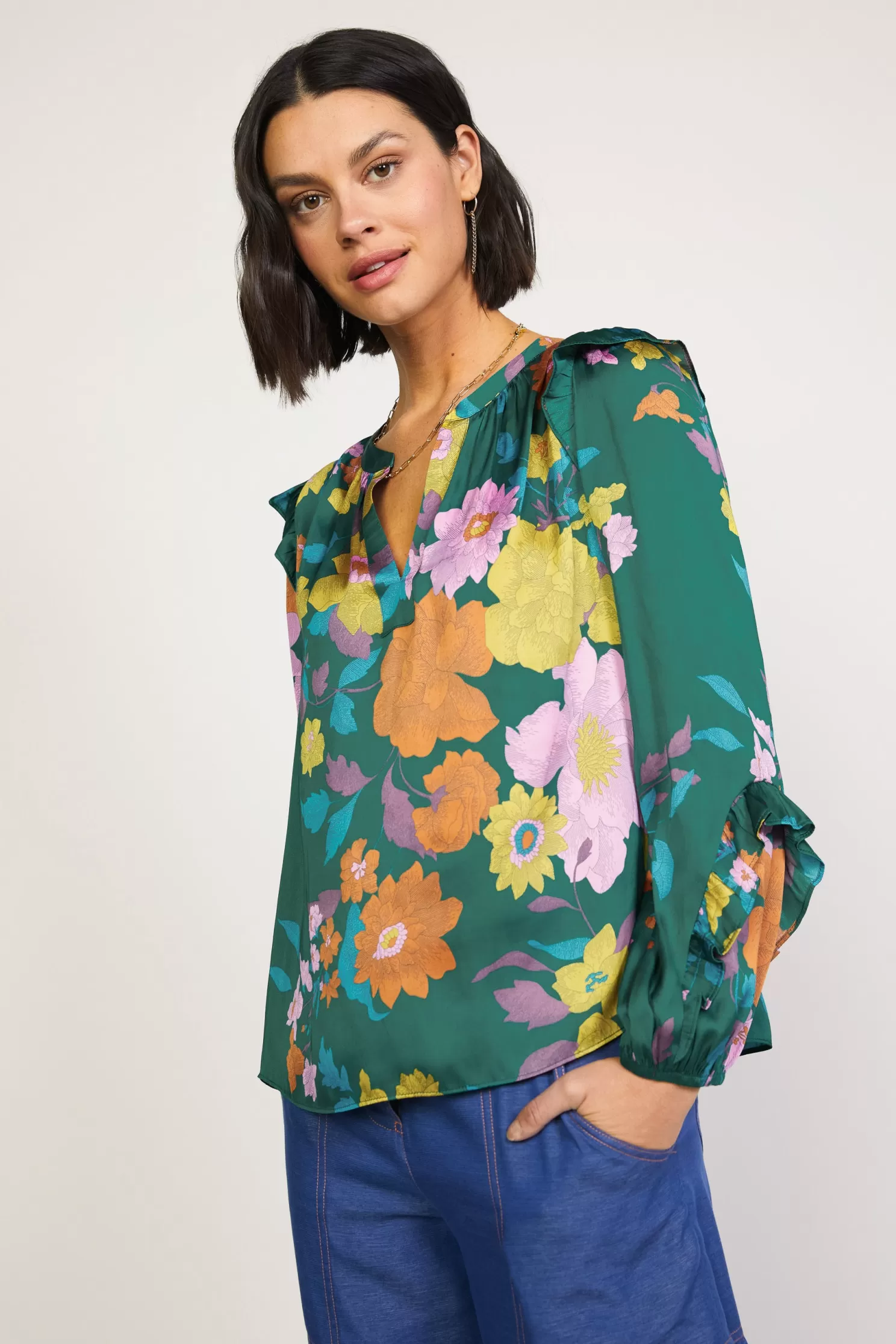 Online Floral Ruffle Trim Blouse Blouses