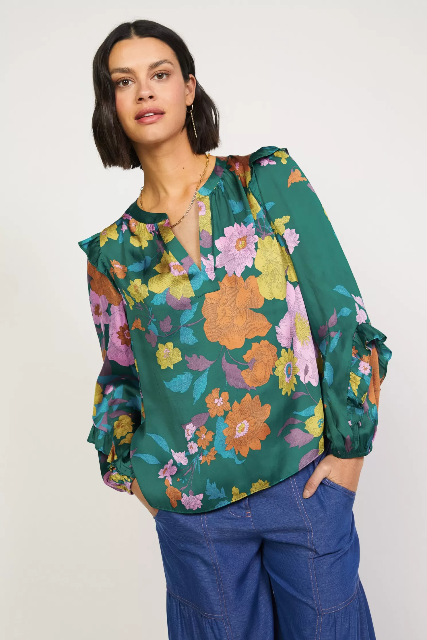 Online Floral Ruffle Trim Blouse Blouses