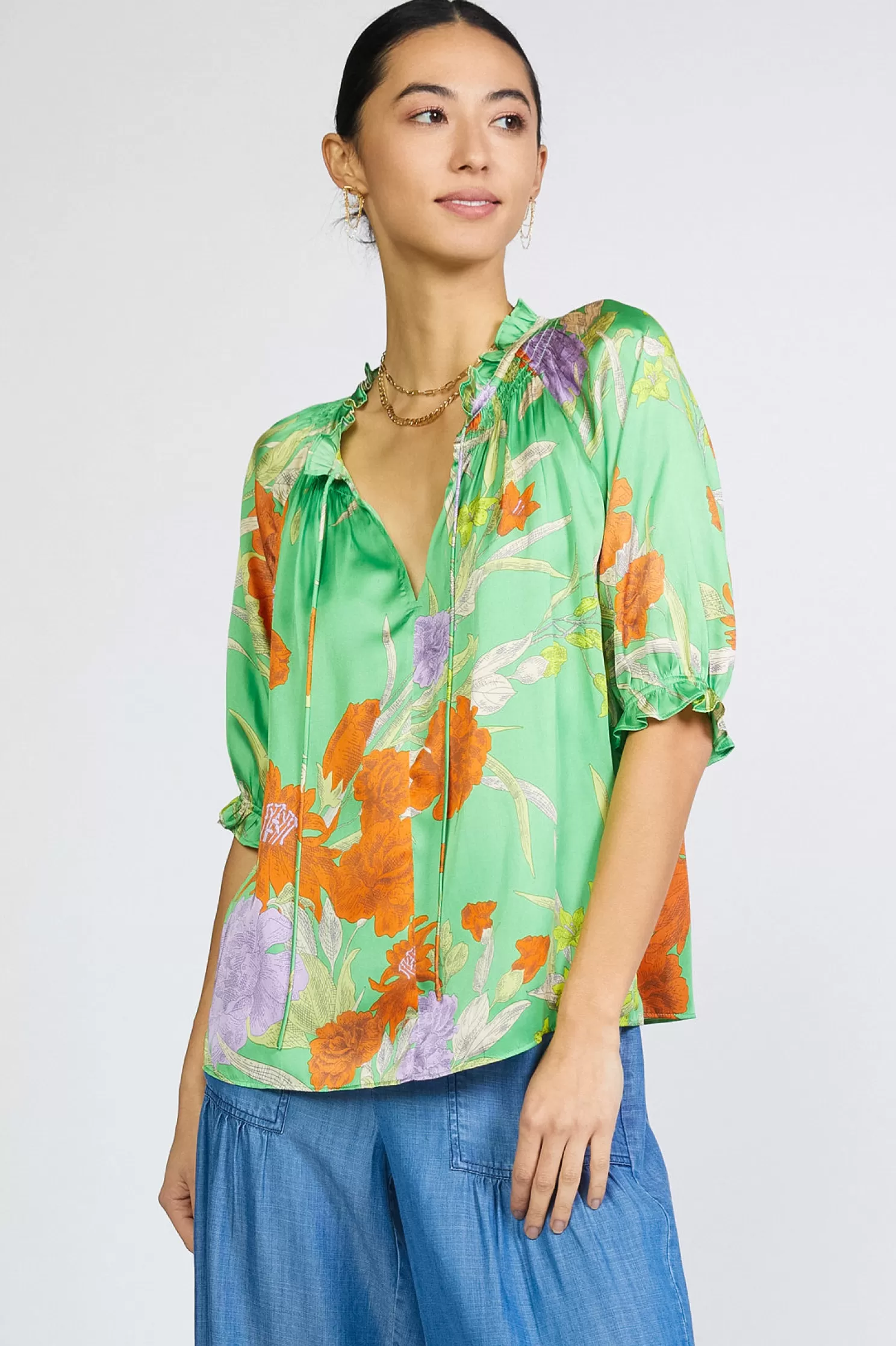 Cheap Floral Split Neck Blouse Blouses | Short Sleeve Tops