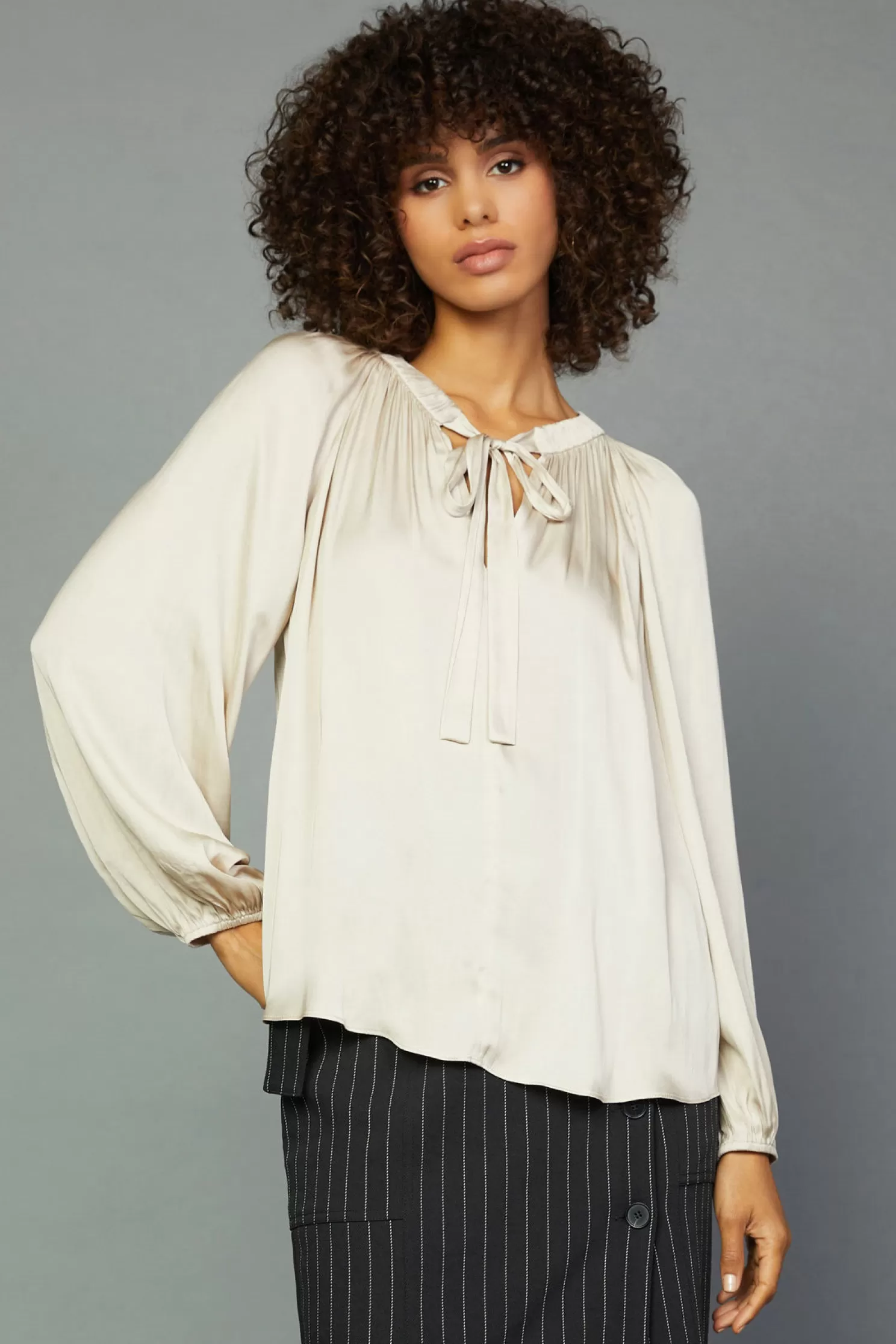 Clearance Gathered Bow Tie Blouse Blouses | Long Sleeve Tops