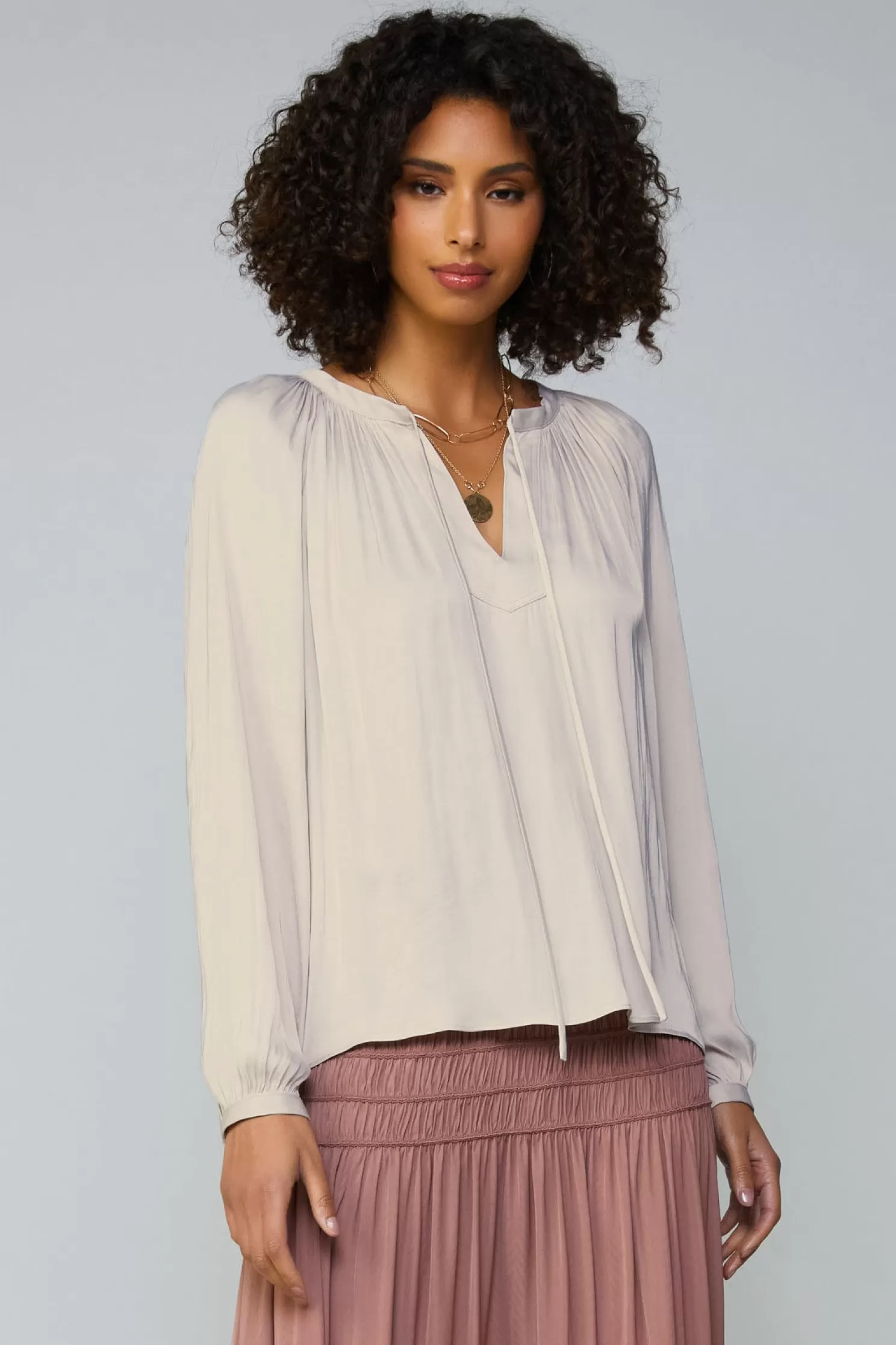 New Gathered Split Neck Blouse Long Sleeve Tops