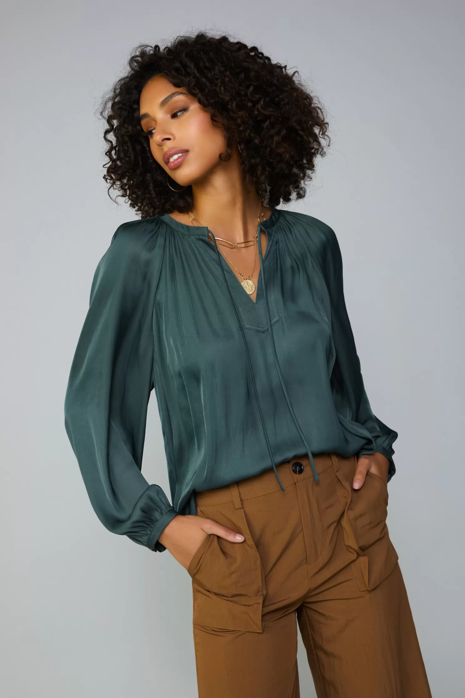 Fashion Gathered Split Neck Blouse Blouses