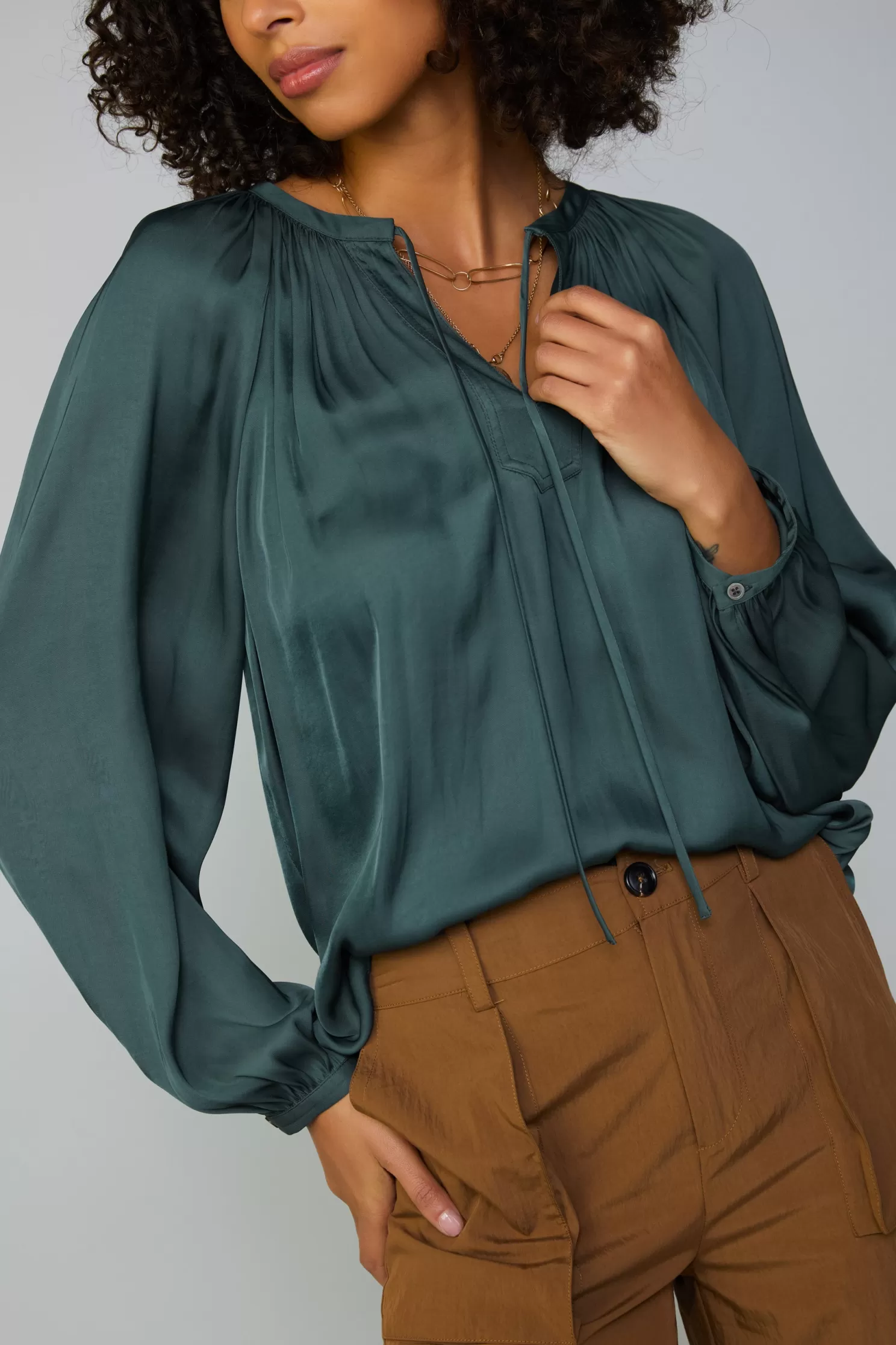 Fashion Gathered Split Neck Blouse Blouses