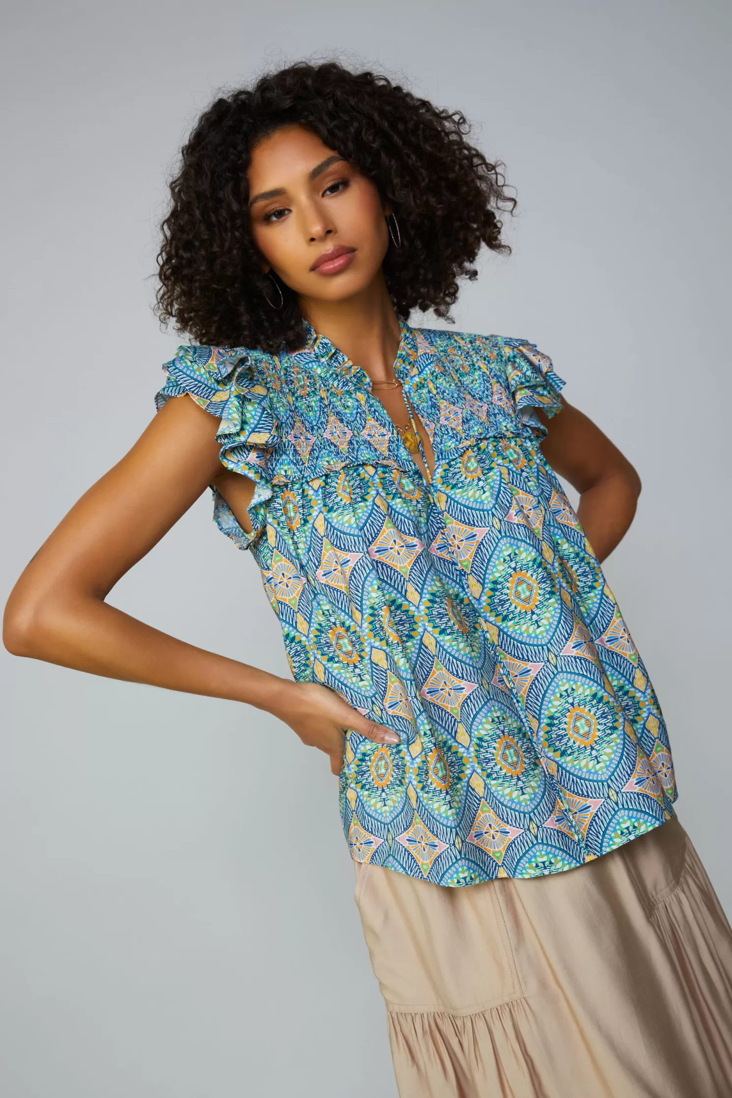 New Geometric Tile Motif Flutter Sleeve Blouse Blouses | Short Sleeve Tops