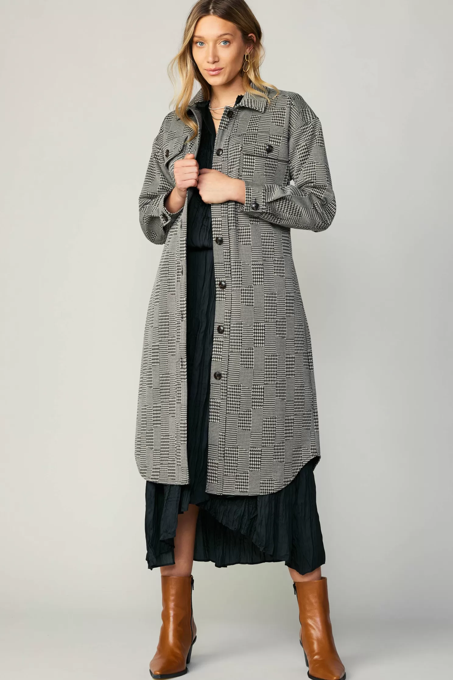 Cheap Houndstooth Long Shacket Coat Outerwear | Coats & Jackets