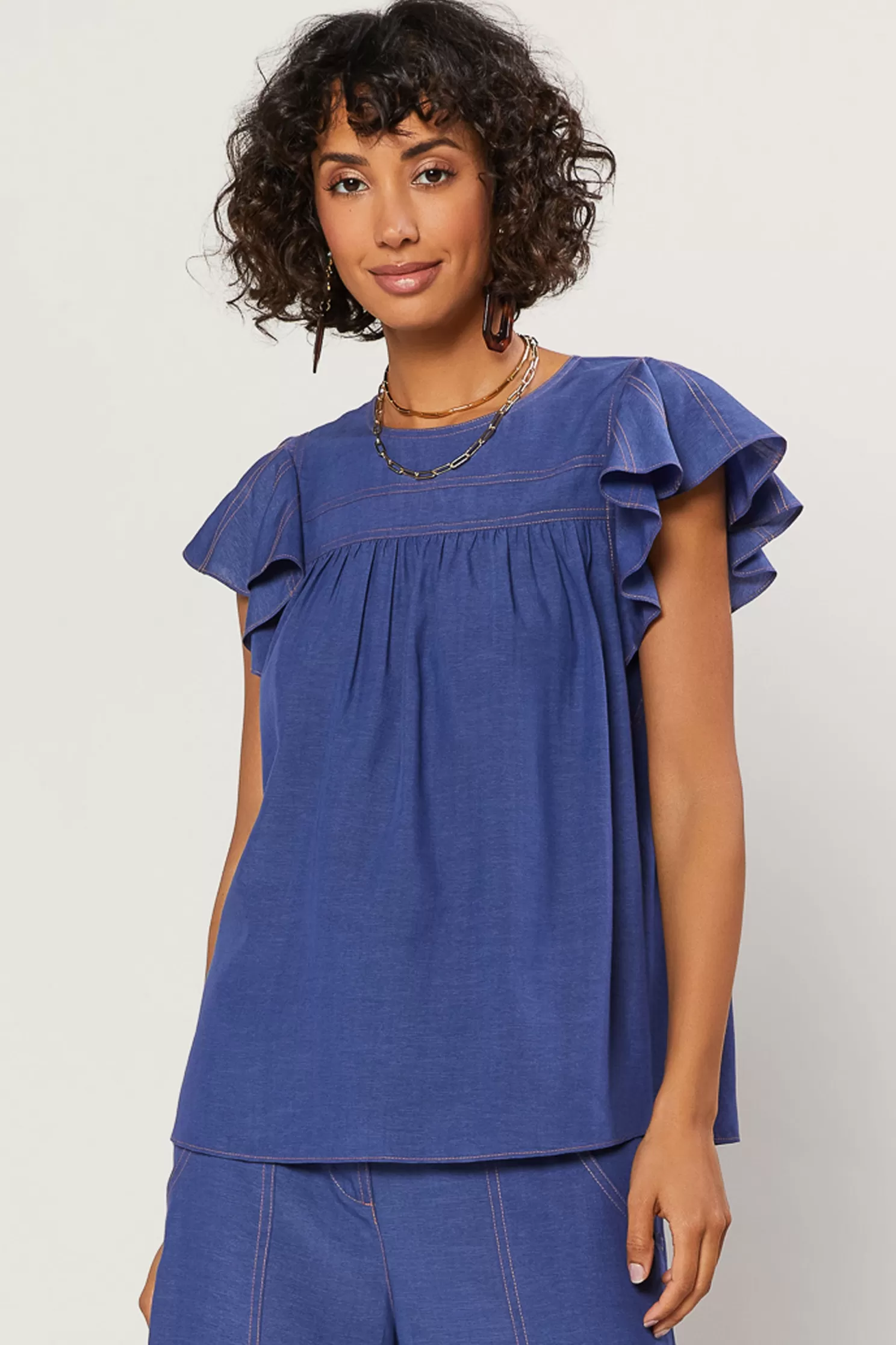 Fashion Indigo Ruffled Sleeve Top Blouses | Short Sleeve Tops