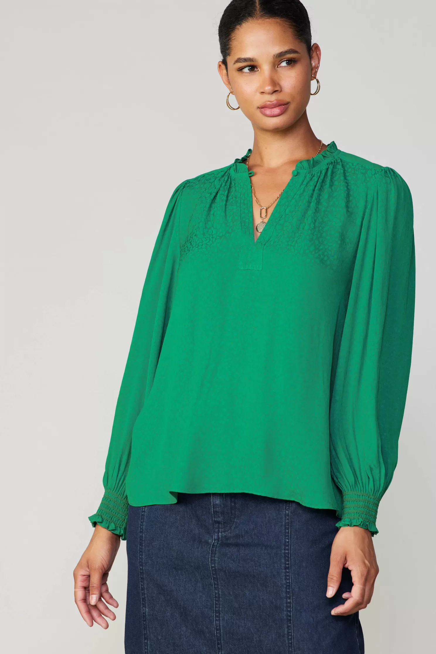 Hot Jacquard Ruffled Neck Blouse Blouses | Long Sleeve Tops