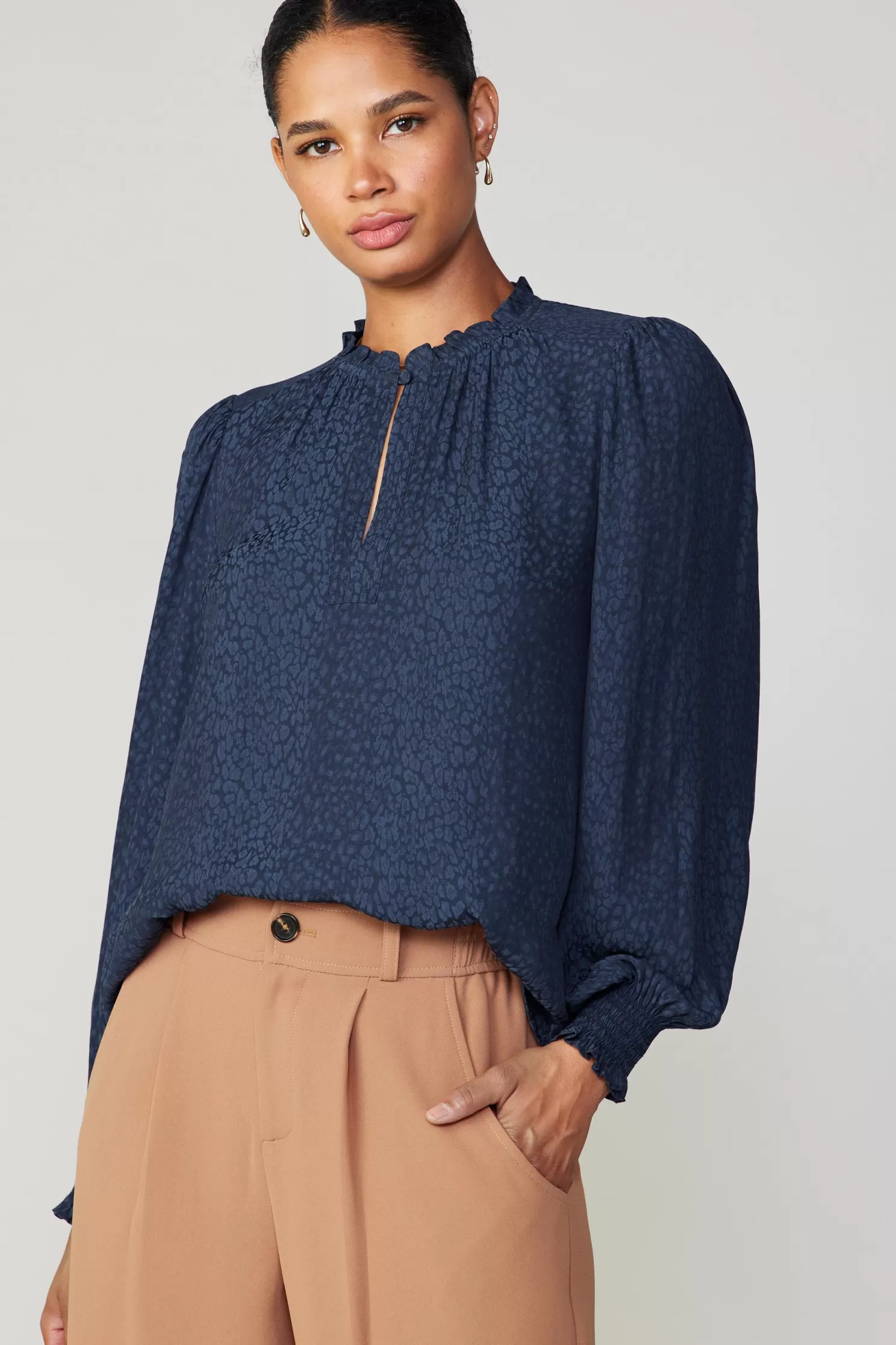 Sale Jacquard Ruffled Neck Blouse Blouses | Long Sleeve Tops