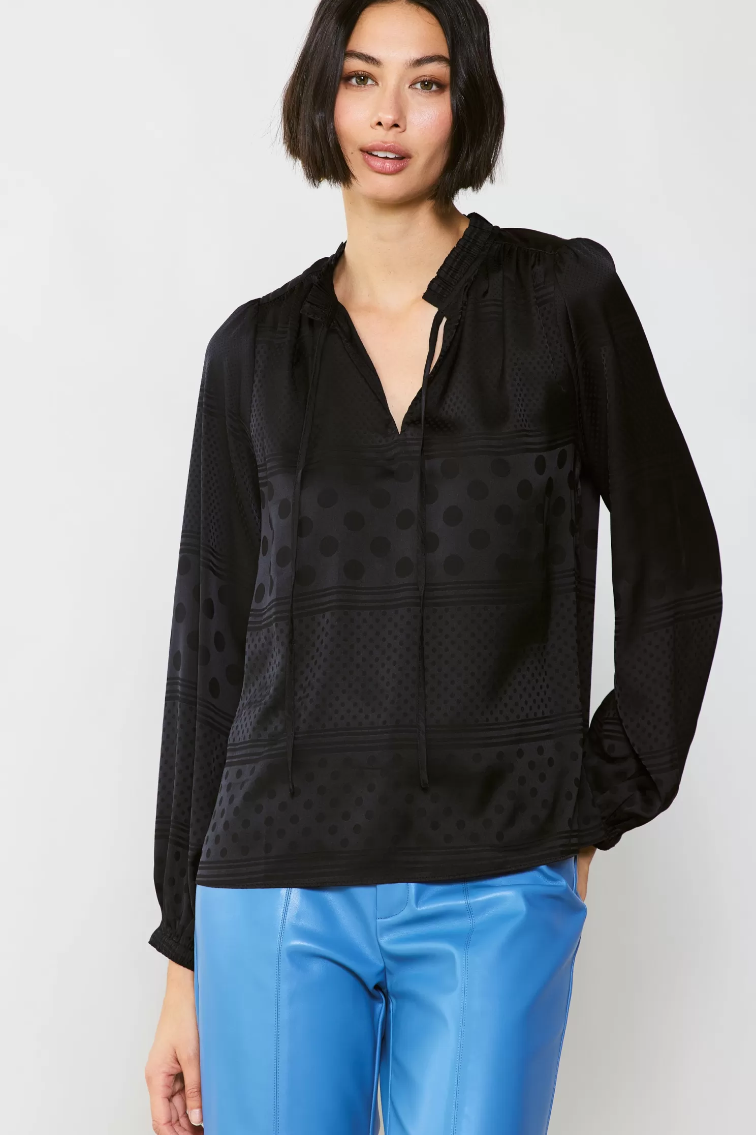 Cheap Jacquard Split Neck Blouse Blouses | Long Sleeve Tops