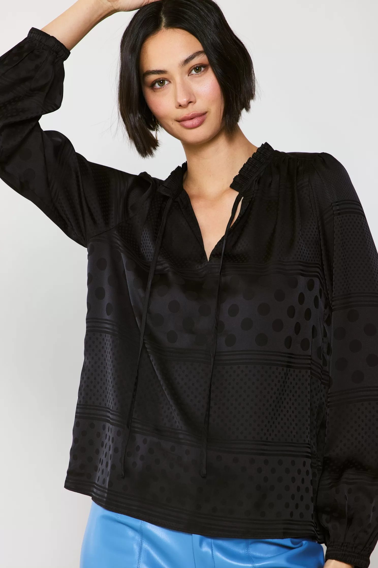 Cheap Jacquard Split Neck Blouse Blouses | Long Sleeve Tops