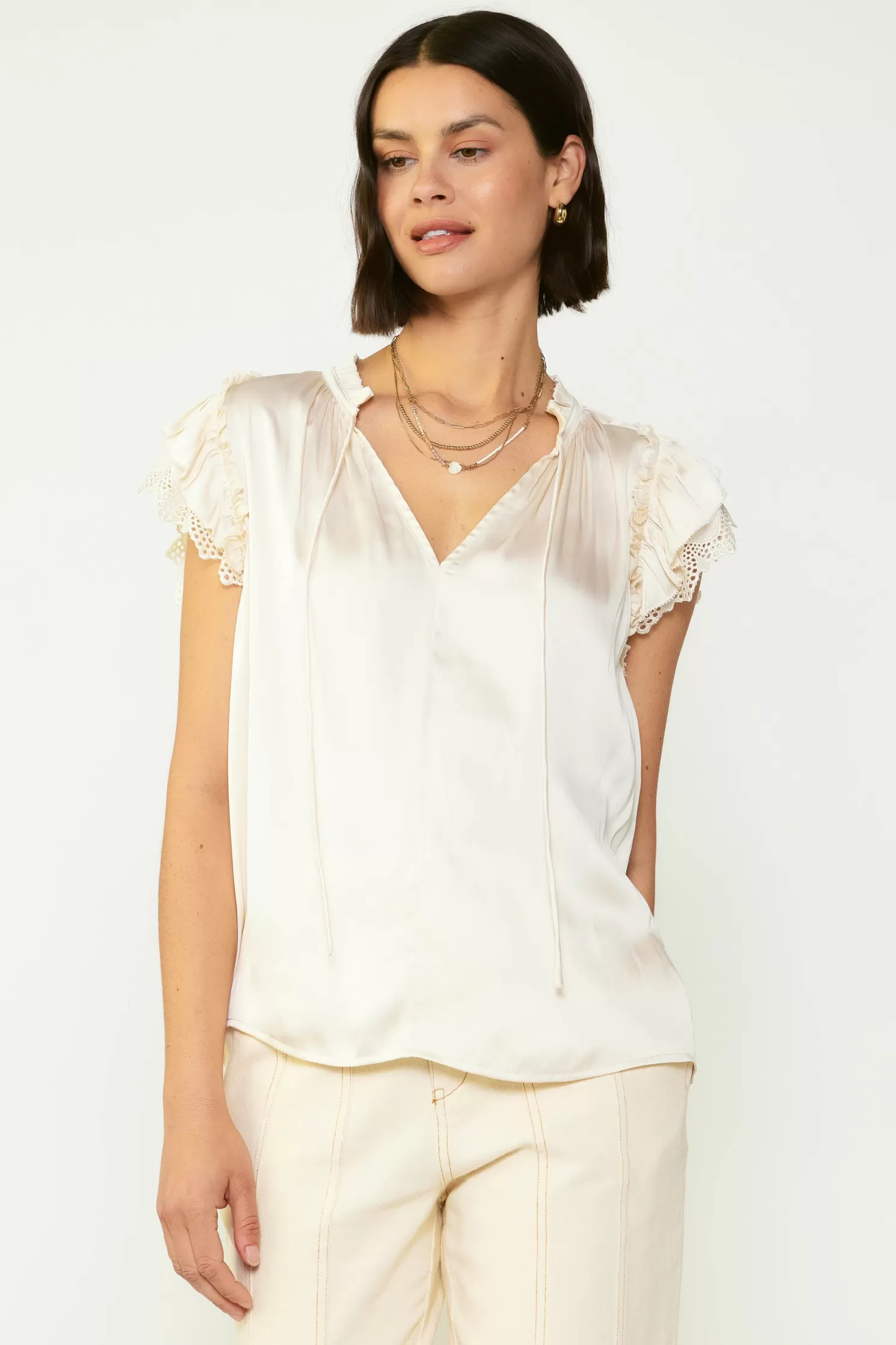 Clearance Lace Flutter Sleeve Blouse Blouses | Short Sleeve Tops