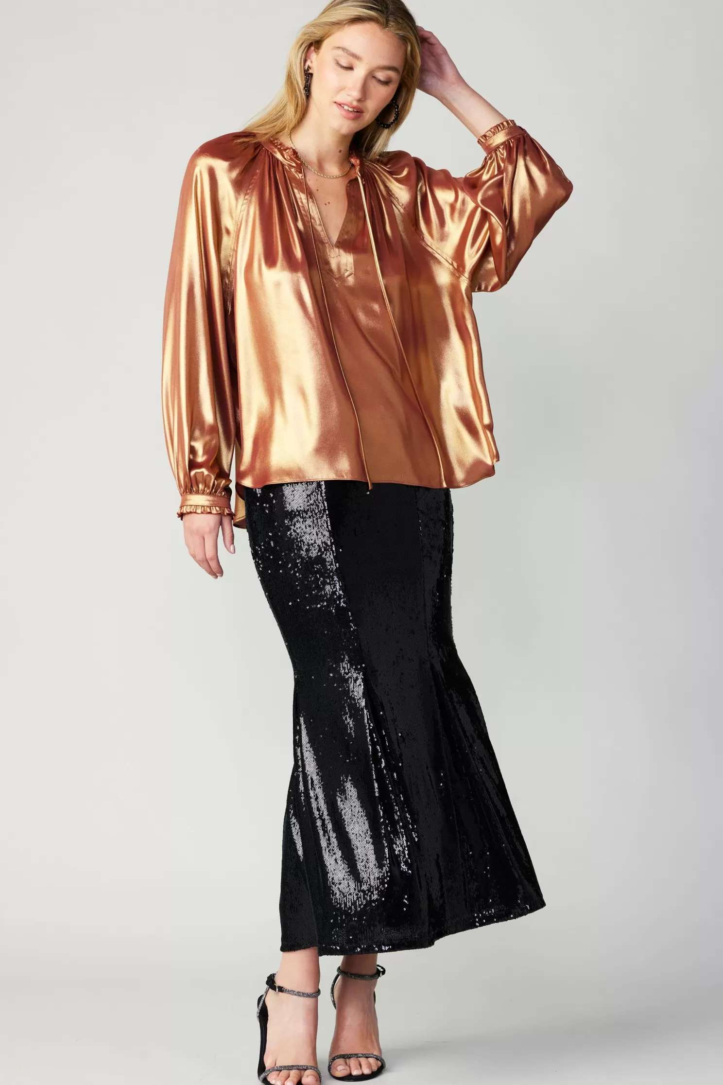 Online Lustrous Cuffed Blouse Long Sleeve Tops