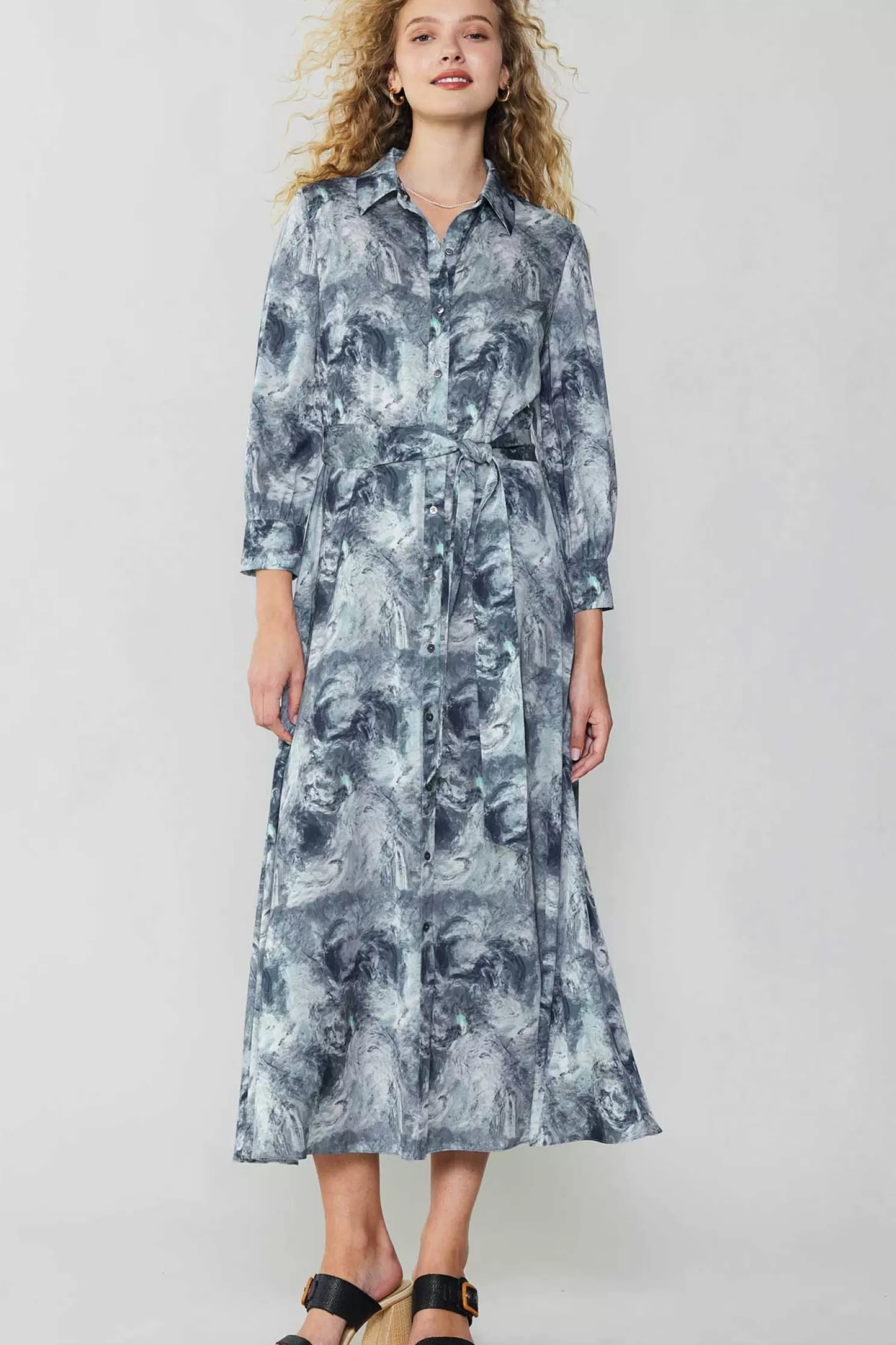 Cheap Marbled Motif Buttondown Dress Midi Dresses | Maxi Dresses